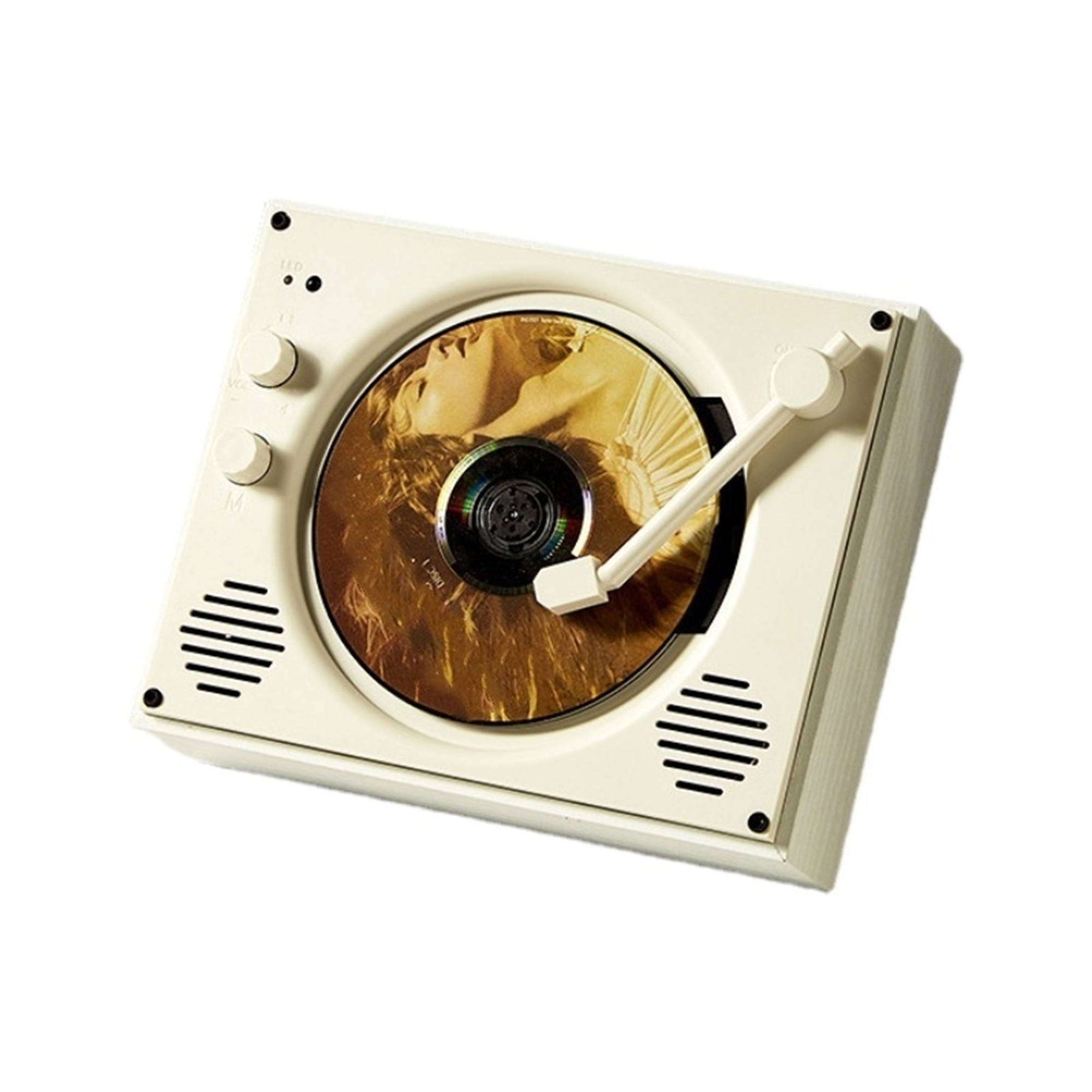 Beigefarbener CD-Player mit rotierender CD und Lautsprecher. Sieht aus wie ein kleines, weißes Quadrat.