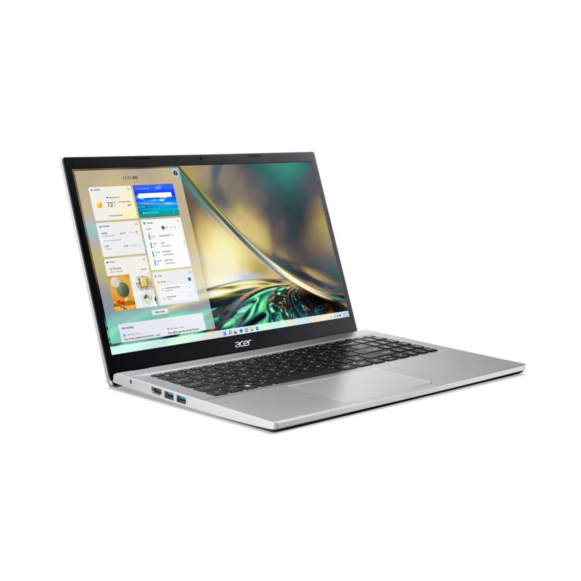 Silberner Acer-Laptop auf weißer Oberfläche. Der Bildschirm zeigt einen Desktop mit offenen Fenstern. Die Tastatur ist sichtbar.