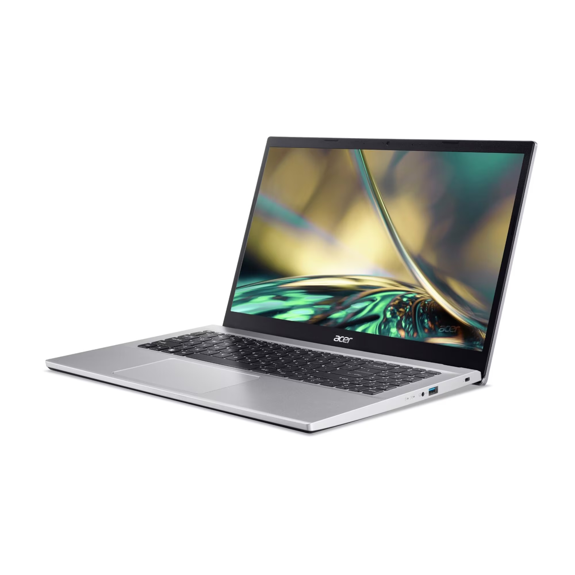 Silberner Acer-Laptop geöffnet, zeigt ein farbenfrohes abstraktes Bild auf dem Bildschirm, auf weißem Hintergrund.