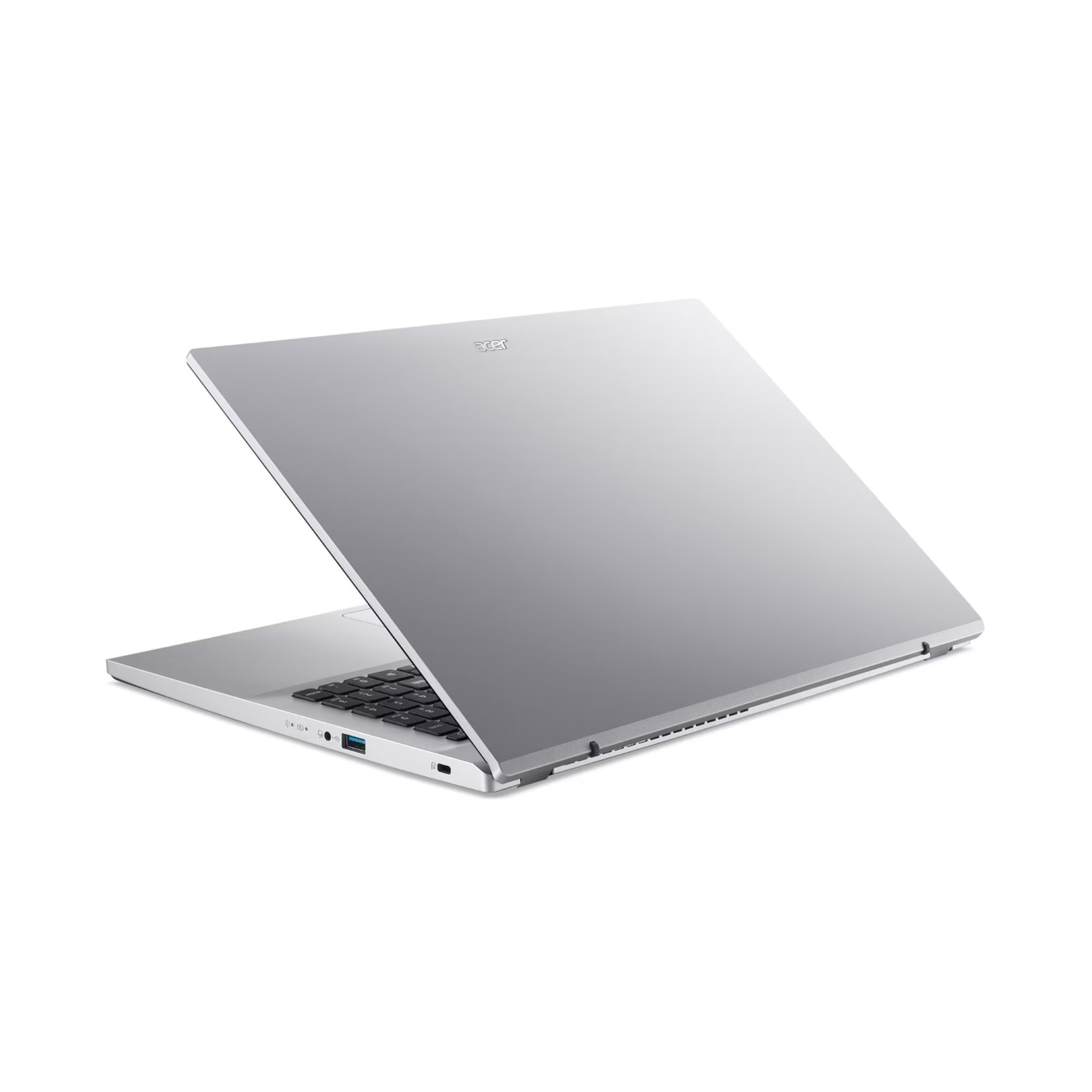 Ein silbernes Laptop ist leicht geöffnet vor weißem Hintergrund. Das Acer-Logo ist sichtbar.