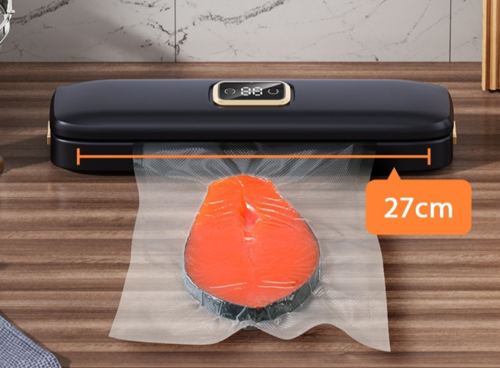 Ein Vakuumierer versiegelt ein Stück Lachs in einem Plastikbeutel.