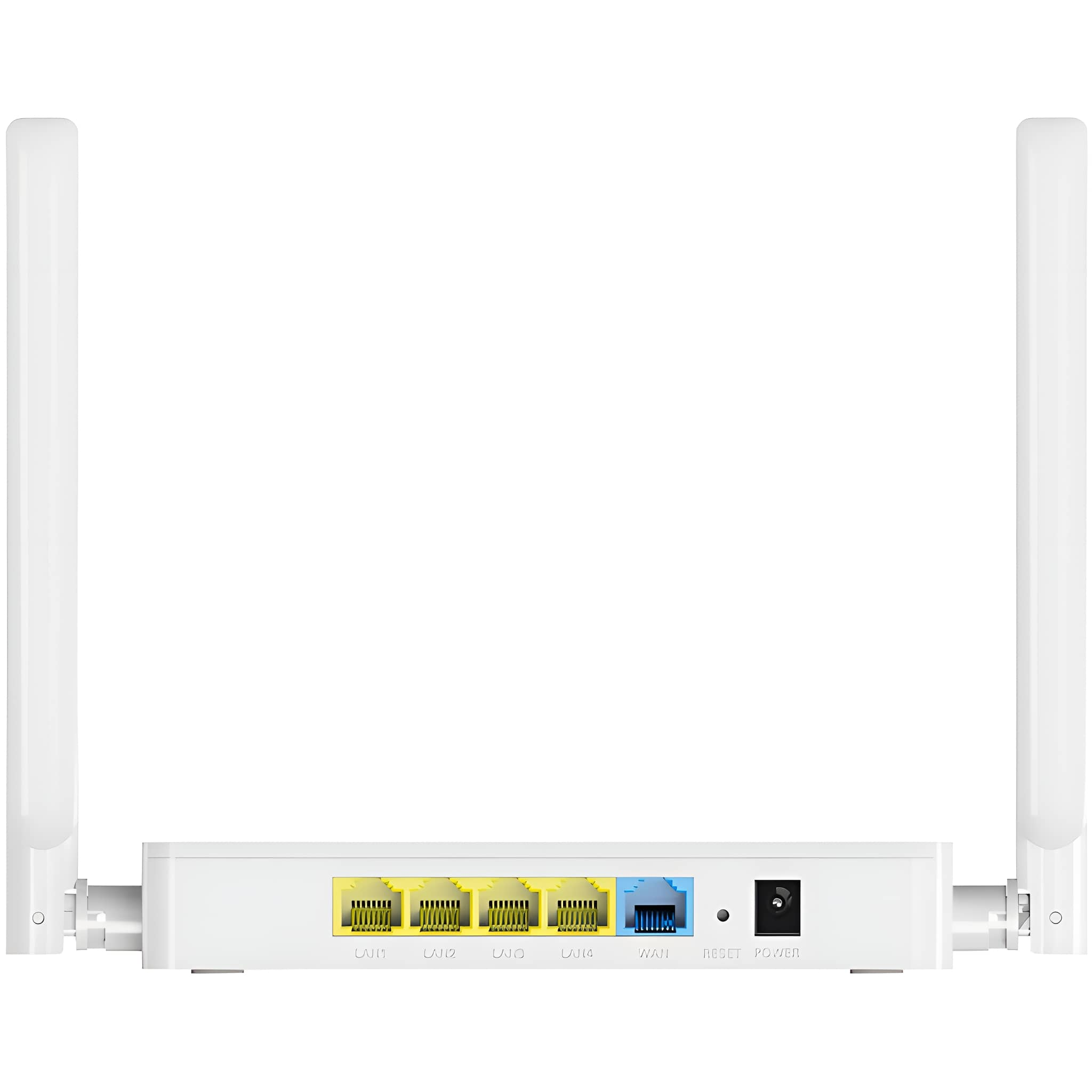 Weißer Router mit Antennen, Anschlüssen und Stromeingang. Weißer Hintergrund.