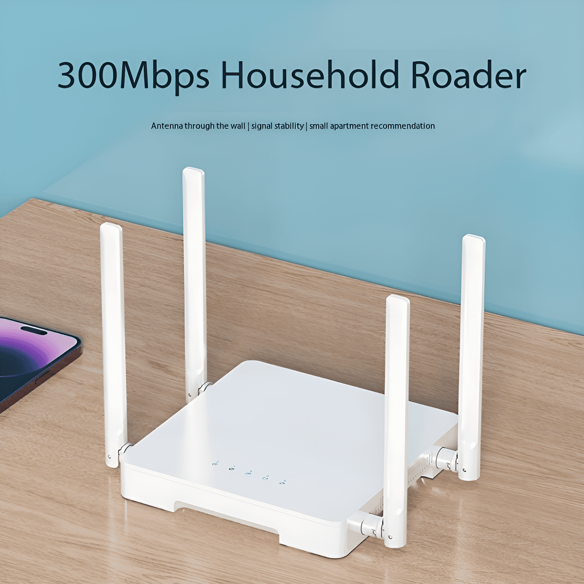 Weißer Router mit vier Antennen auf einem Holztisch.
