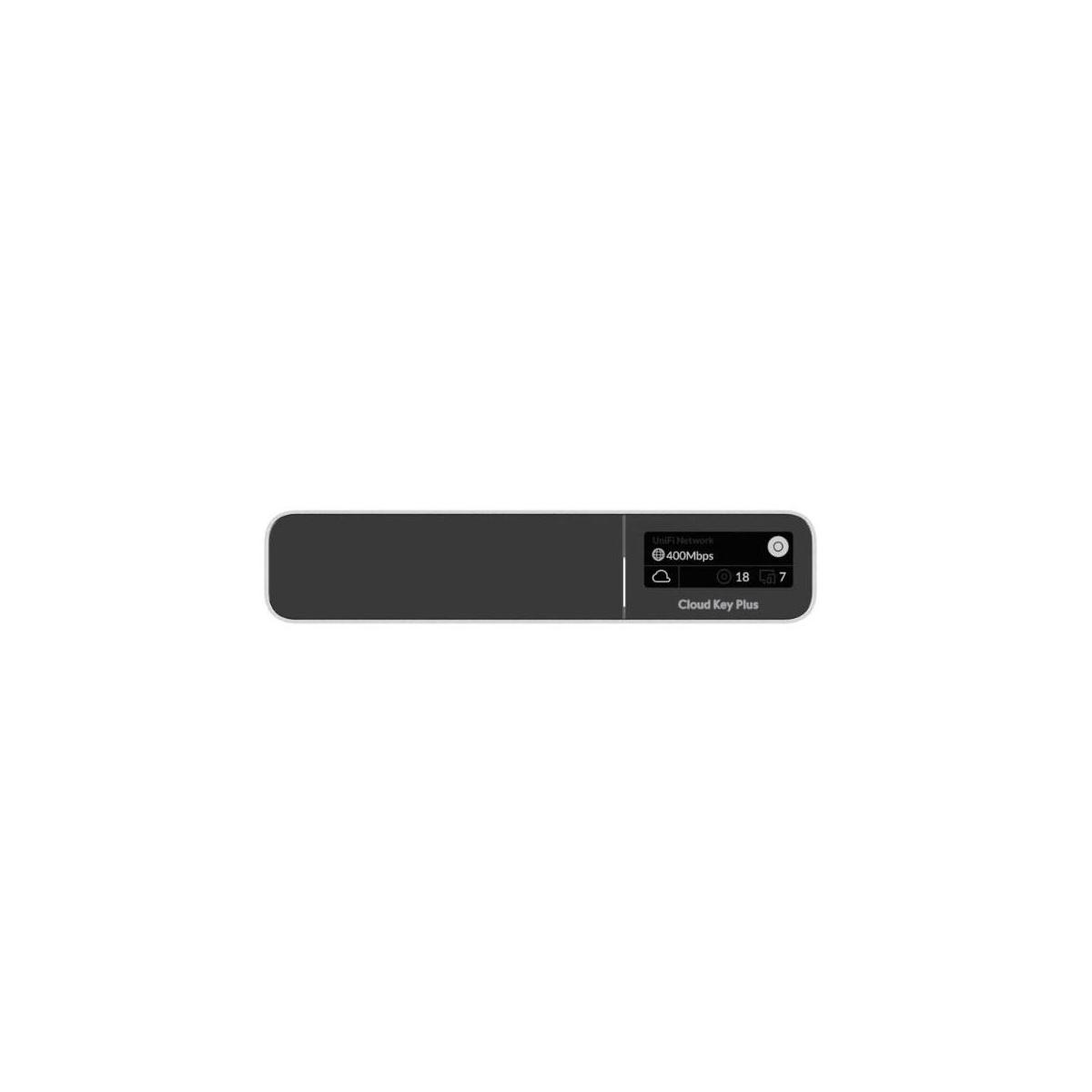 Schwarzes Netzwerkgerät, Unifi Cloud Key Plus, mit Lichtern und Text darauf. Weißer Hintergrund.