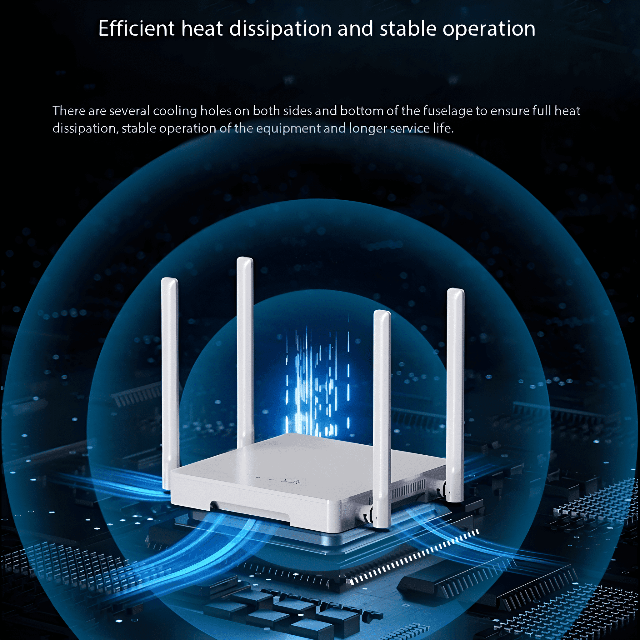 Weißer Router mit vier Antennen. Blaue Kreise darum. Text über den Betrieb.