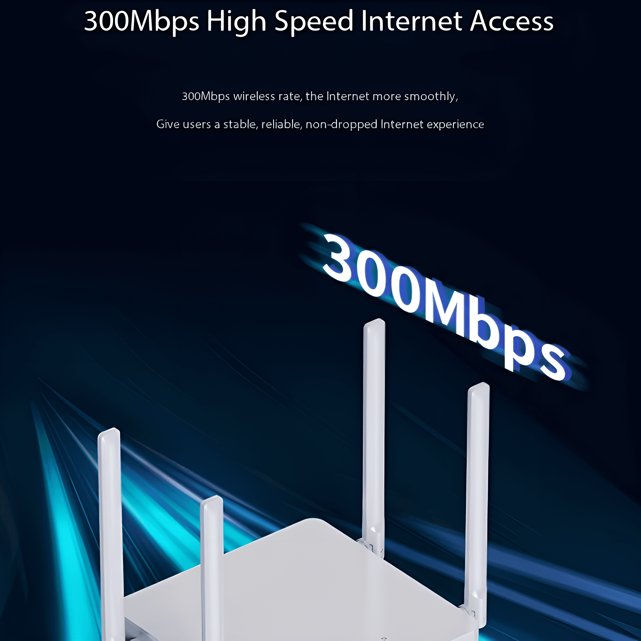 Weißer Router mit vier Antennen, der Text '300Mbit/s' ist blau.