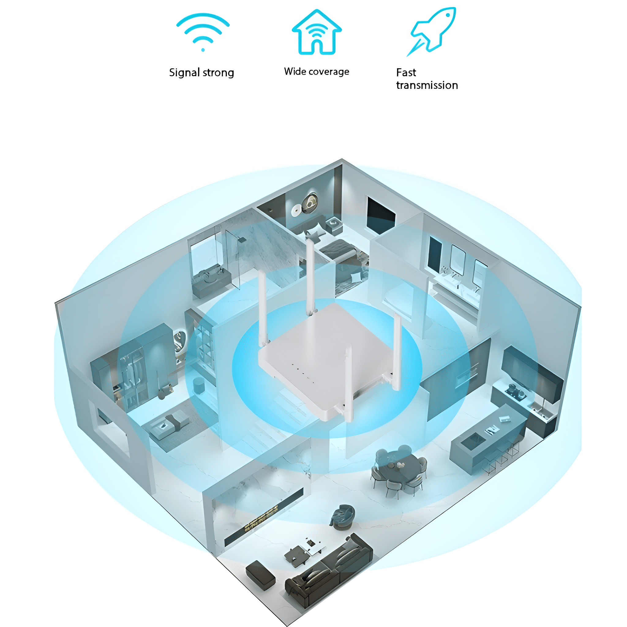 3D-Illustration eines Hauses mit Router, die Signalstärke, große Reichweite und schnelle Übertragung zeigt.