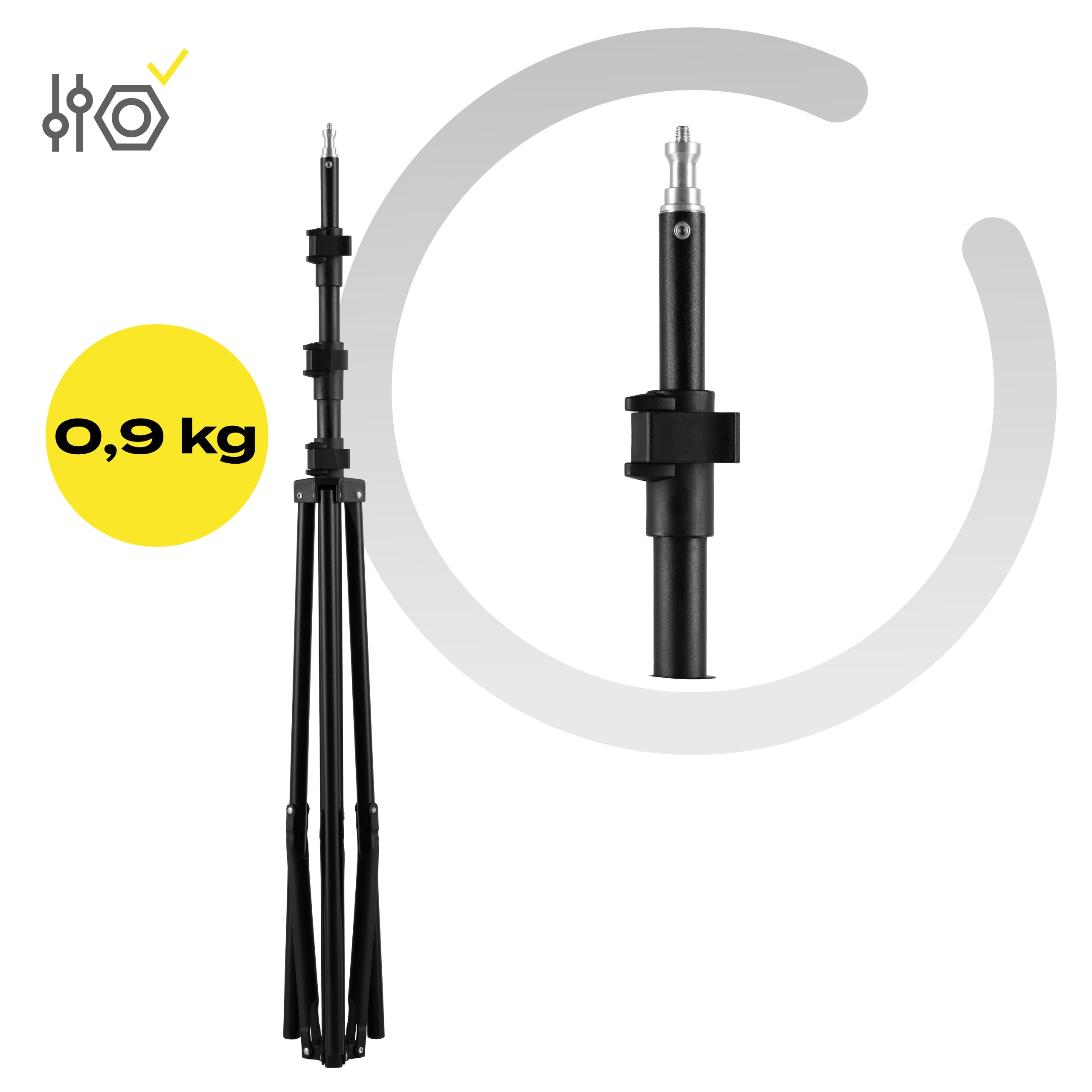 Czarny statyw ze szczegółami, żółte koło z tekstem i logo na białym tle.