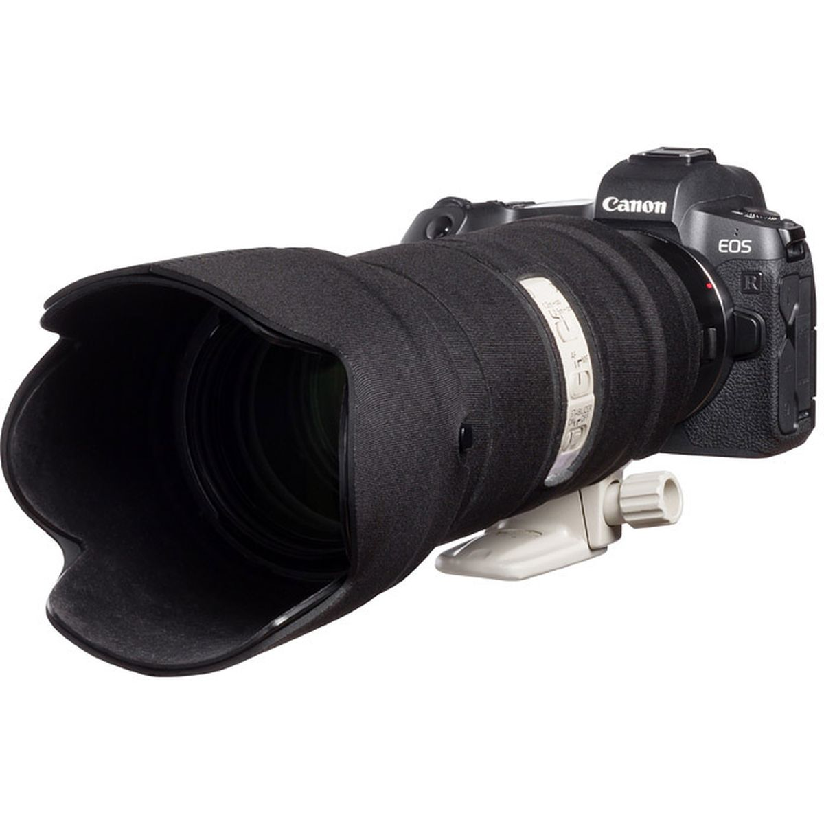 Eine schwarze Canon EOS R Kamera mit einem großen, schwarzen Objektiv und einer weißen Stützhalterung.