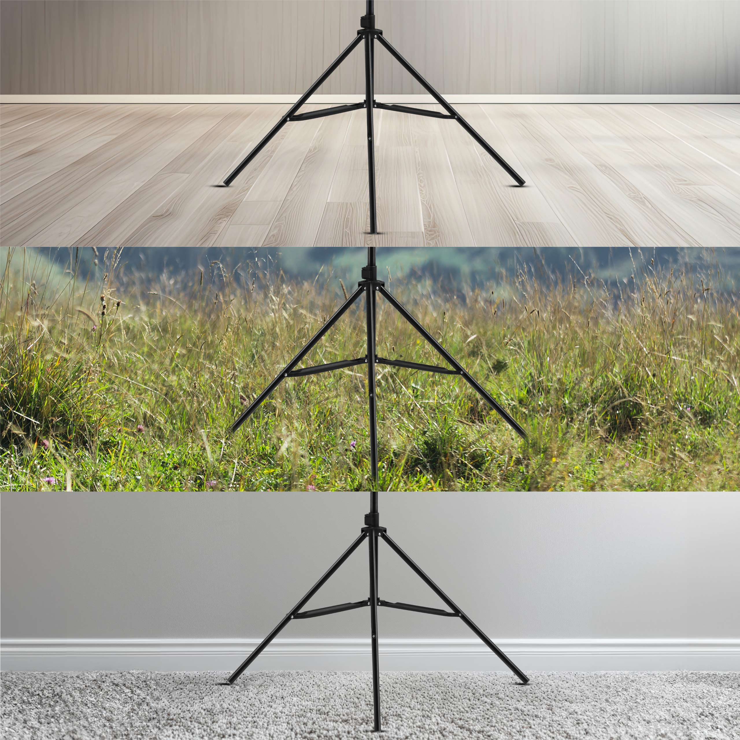 Tripod legs at different backgrounds. Backgrounds include wood floor, grass and carpet.