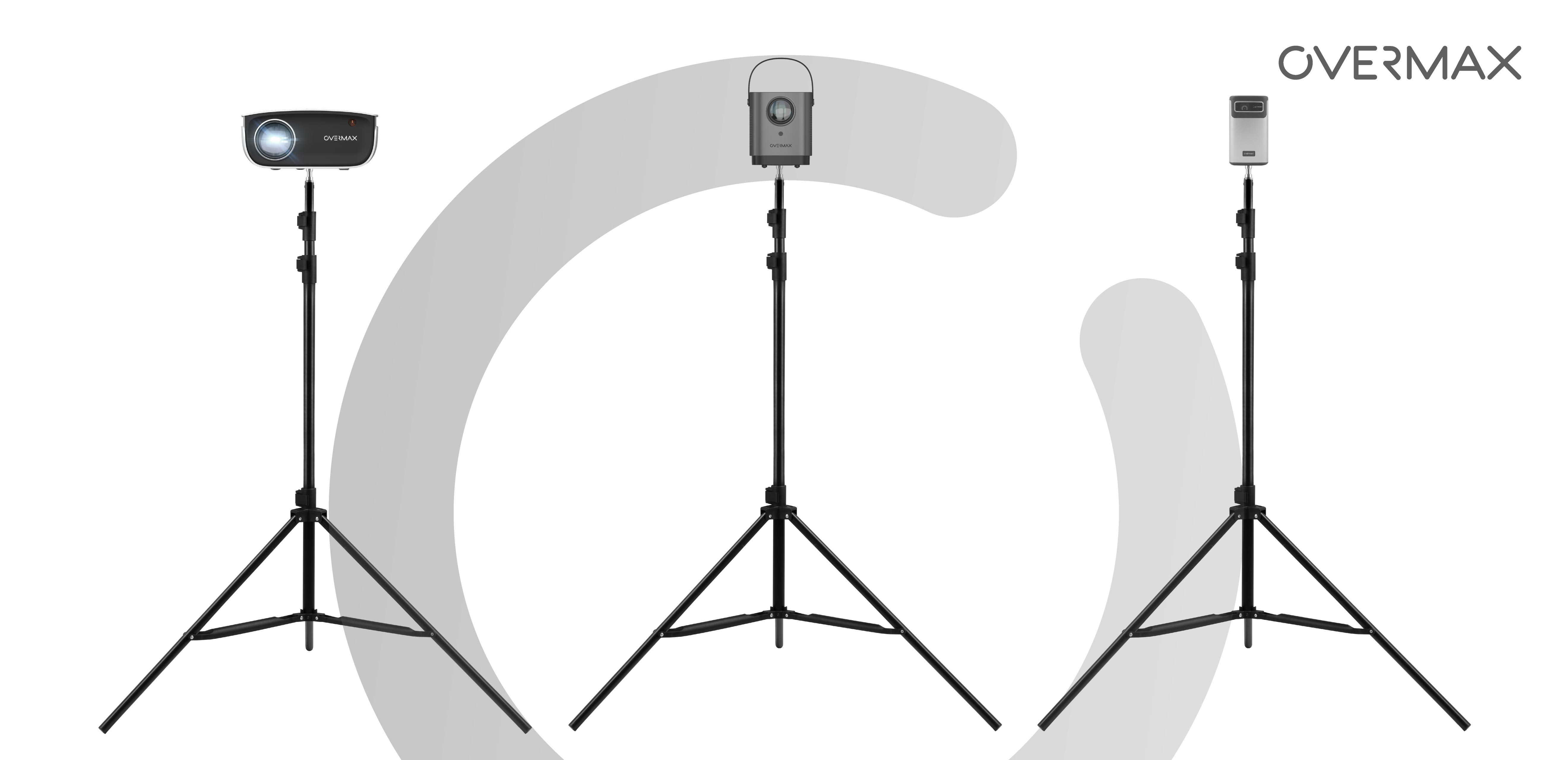Three projectors on stands, with a white background and a gray OVERMAX logo.