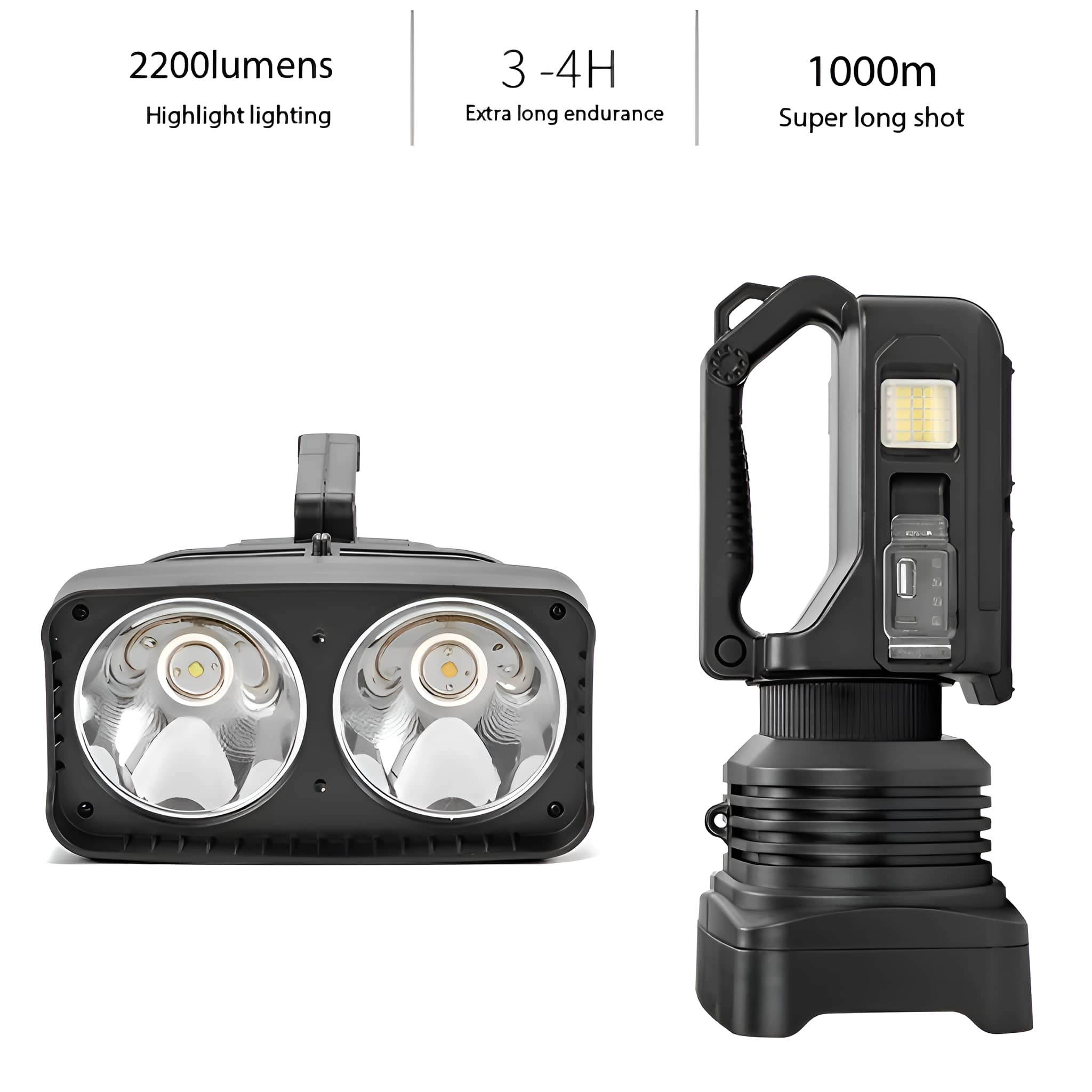 Zwei schwarze Taschenlampen. Eine ist ein großes, tragbares Modell, die andere eine Dual-Light-Option.