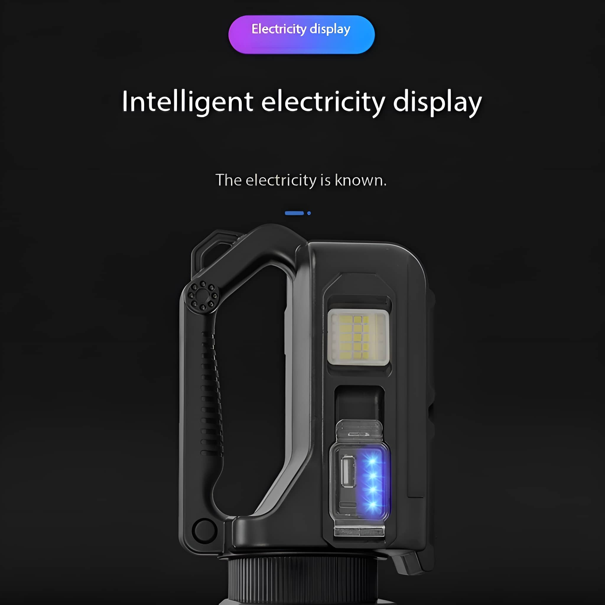 Schwarze Taschenlampe mit Stromanzeige. Darüber steht 'Intelligente Stromanzeige'.