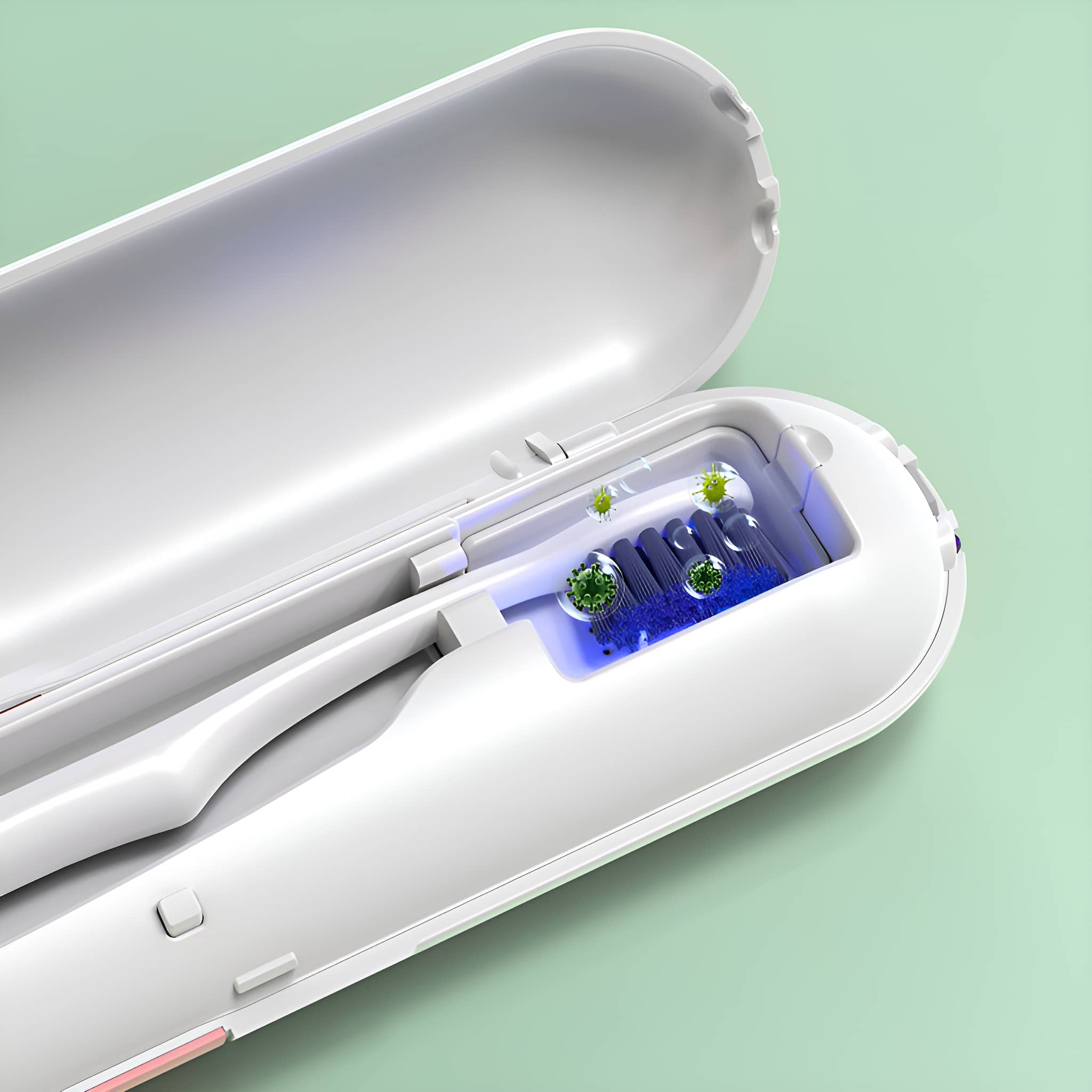 Weißes Zahnbürstenetui mit zwei Zahnbürsten und UV-Licht zur Reinigung.
