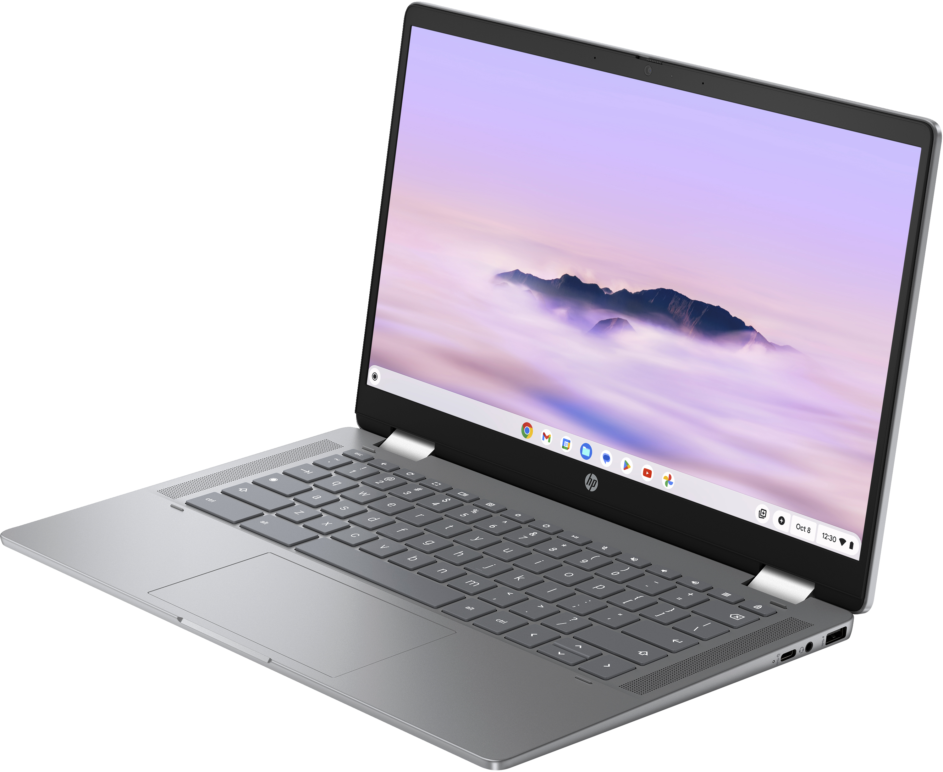 Laptop argento, aperto, con tastiera e schermo.