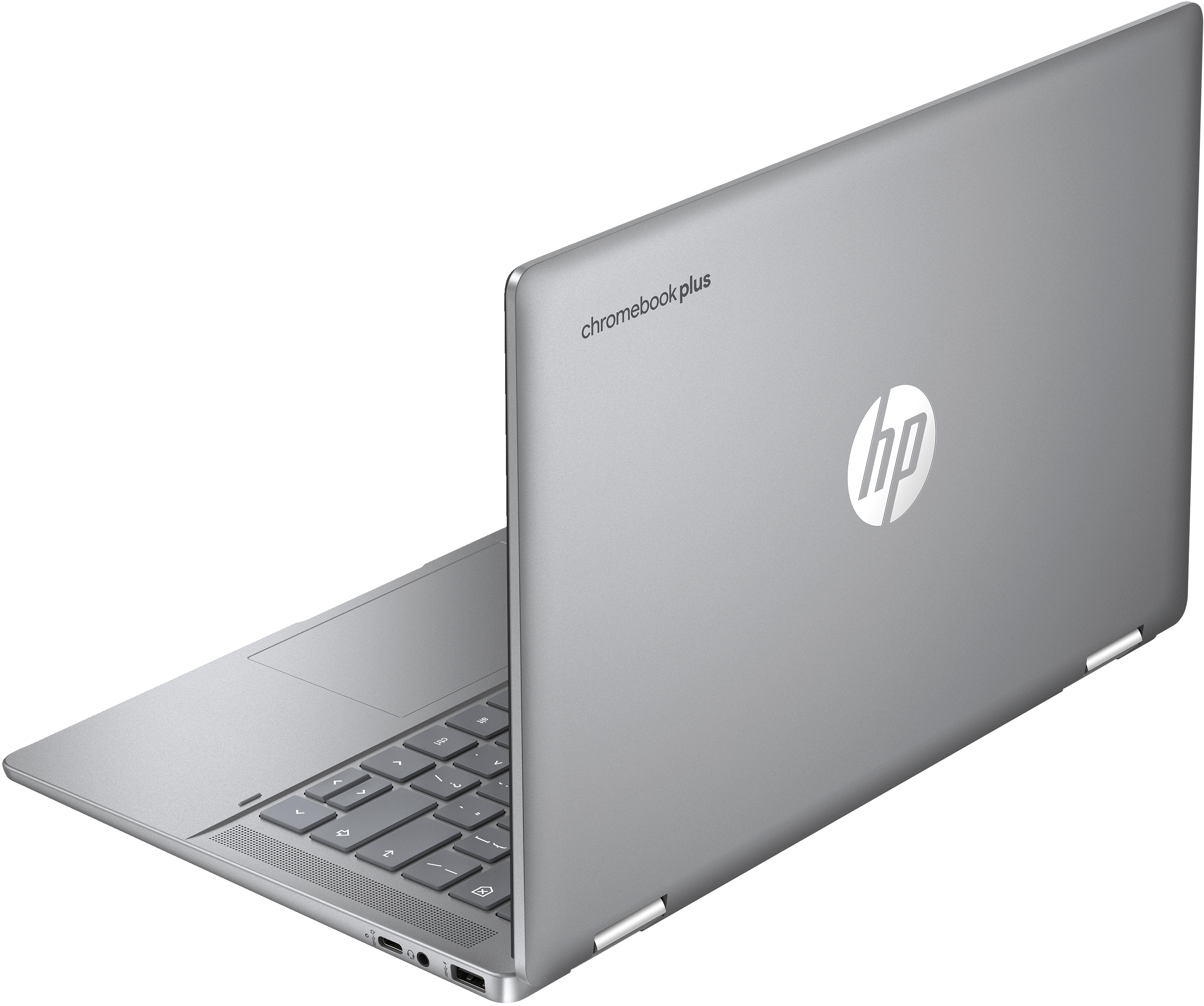 Srebrny laptop Chromebook, otwarty. Logo HP widoczne na tylnej obudowie.