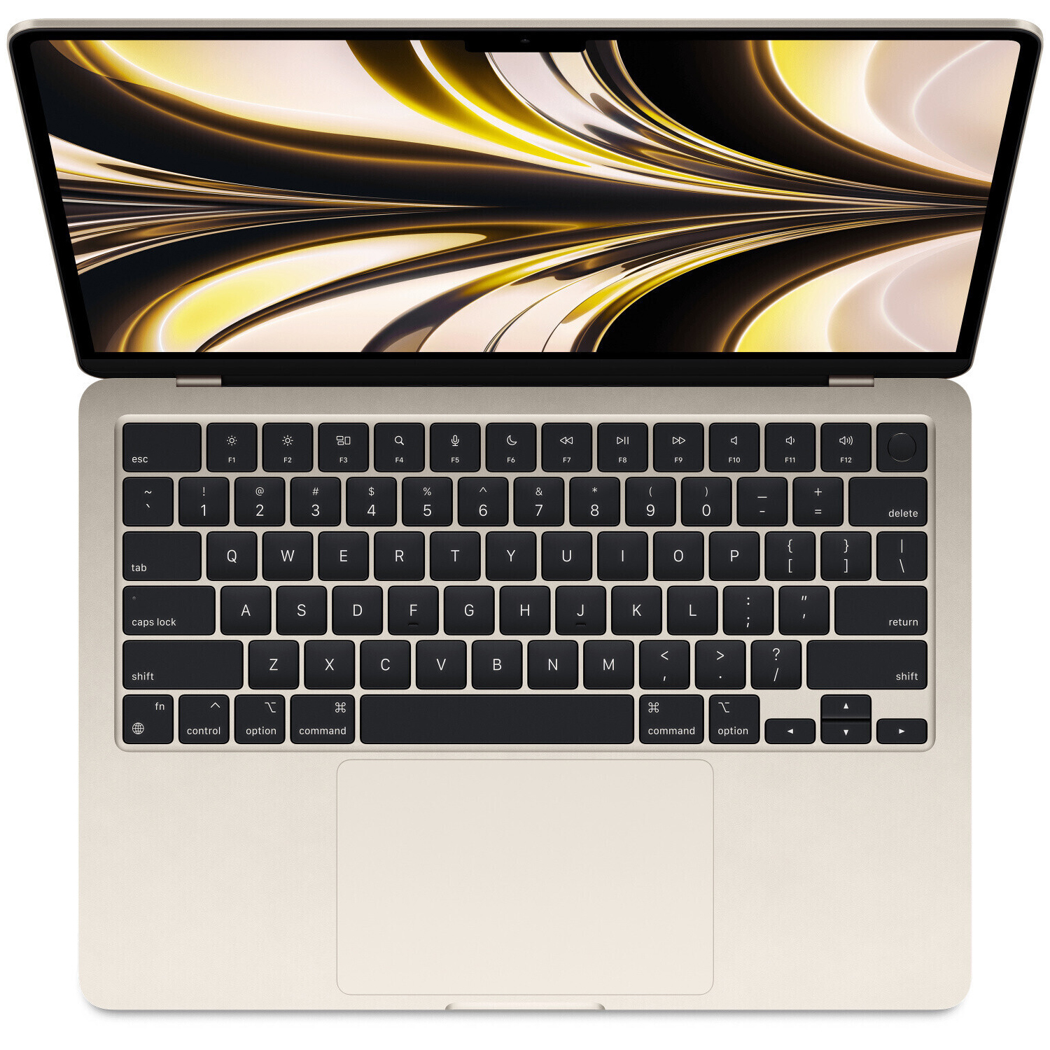 Un laptop dorato aperto su una superficie bianca. La tastiera è visibile e lo schermo mostra un design astratto colorato.
