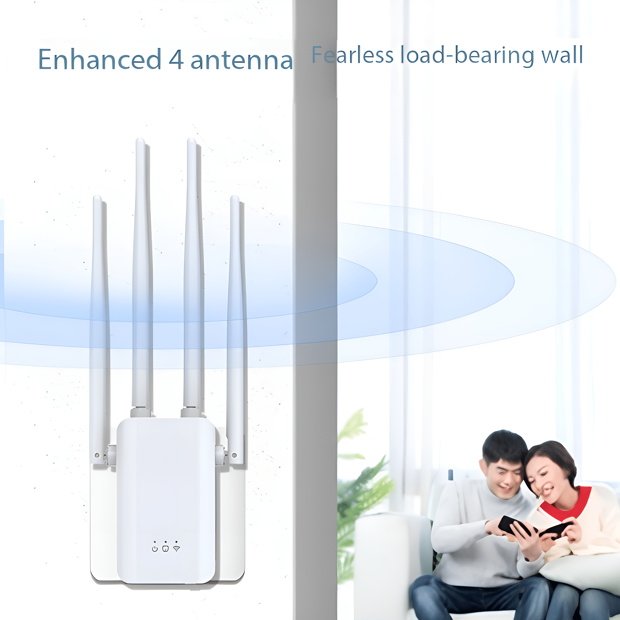 Weißer WLAN-Repeater mit Antennen. Personen im Hintergrund nutzen Telefone. Text auf dem Bild.