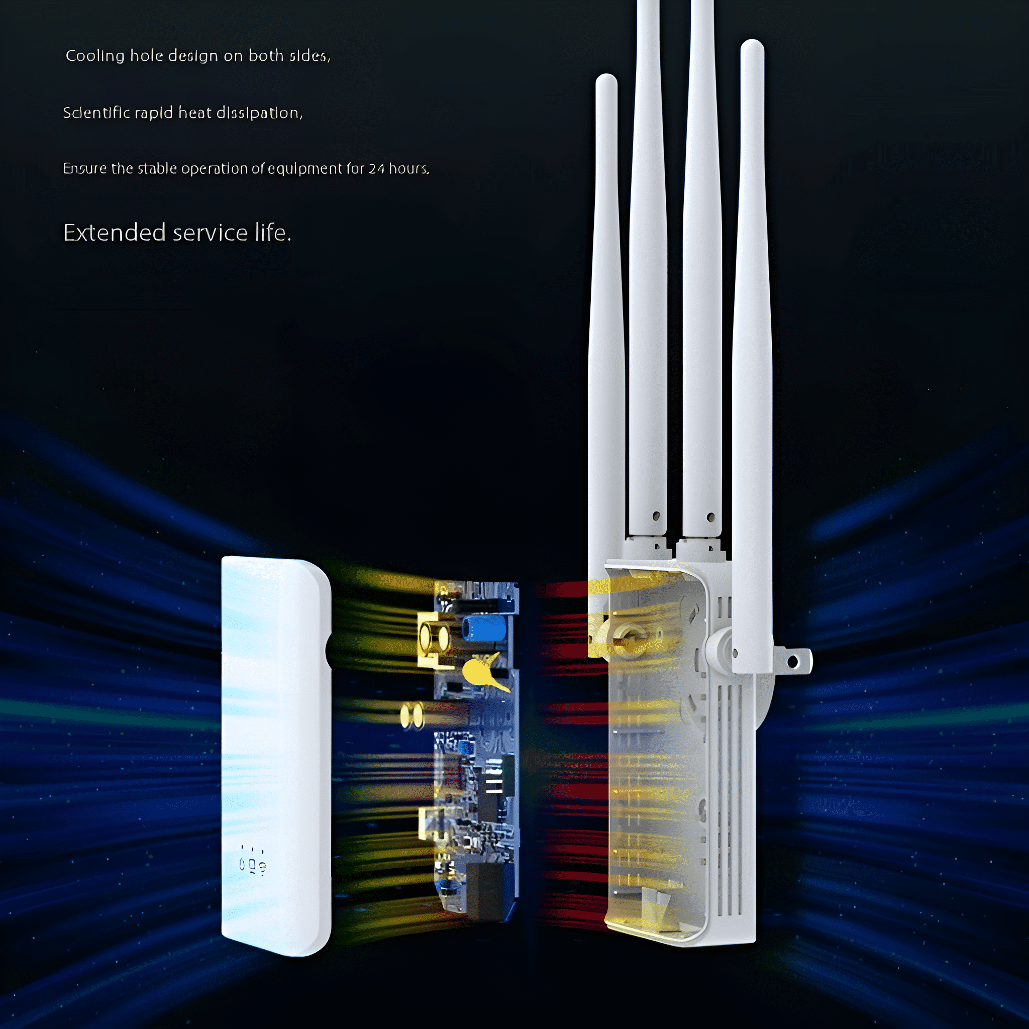 Weißer Router mit Antennen, Ausschnitt mit Innenkomponenten. Text beschreibt Kühlung und lange Lebensdauer.