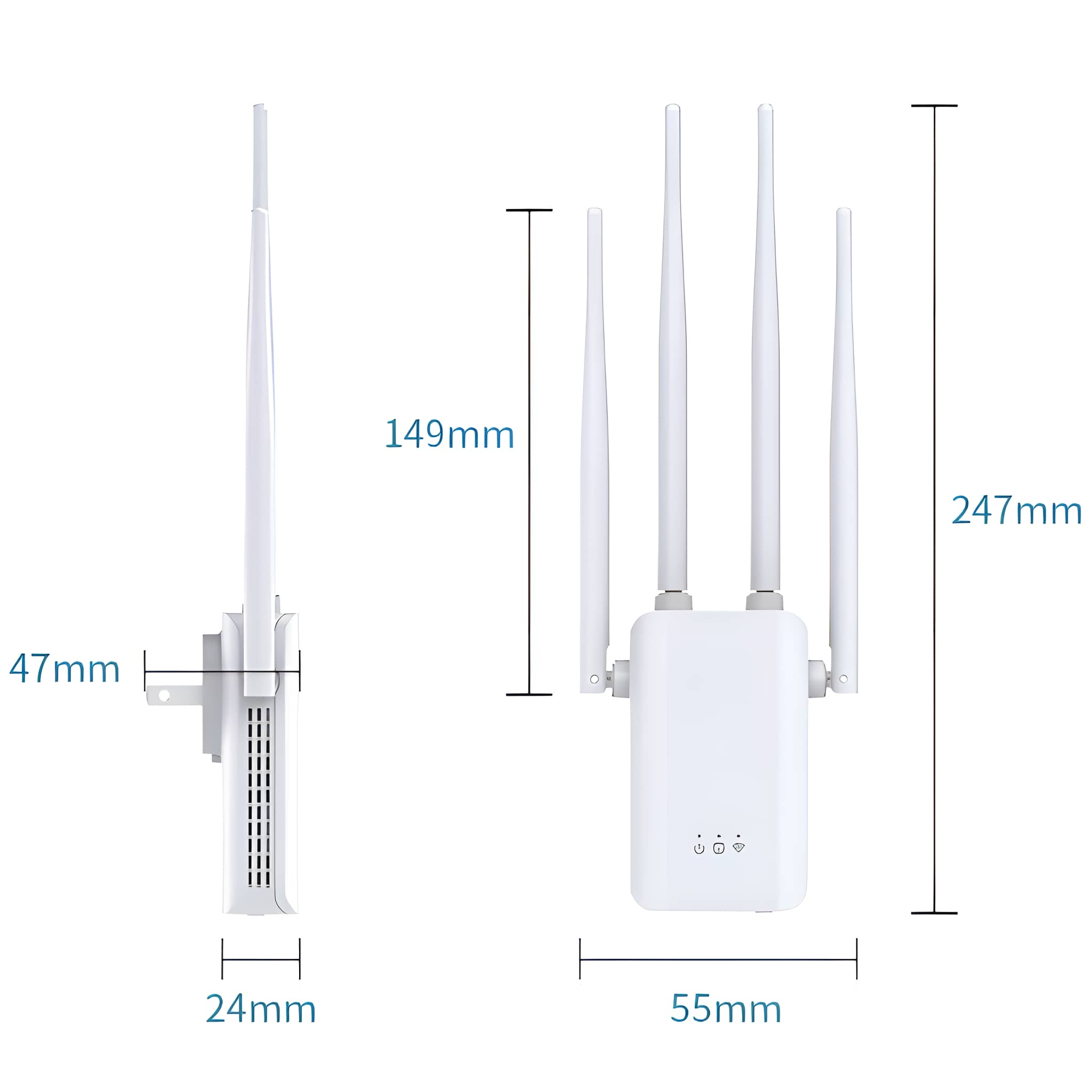 Weißer WLAN-Extender mit Maßen. Weißer Hintergrund.