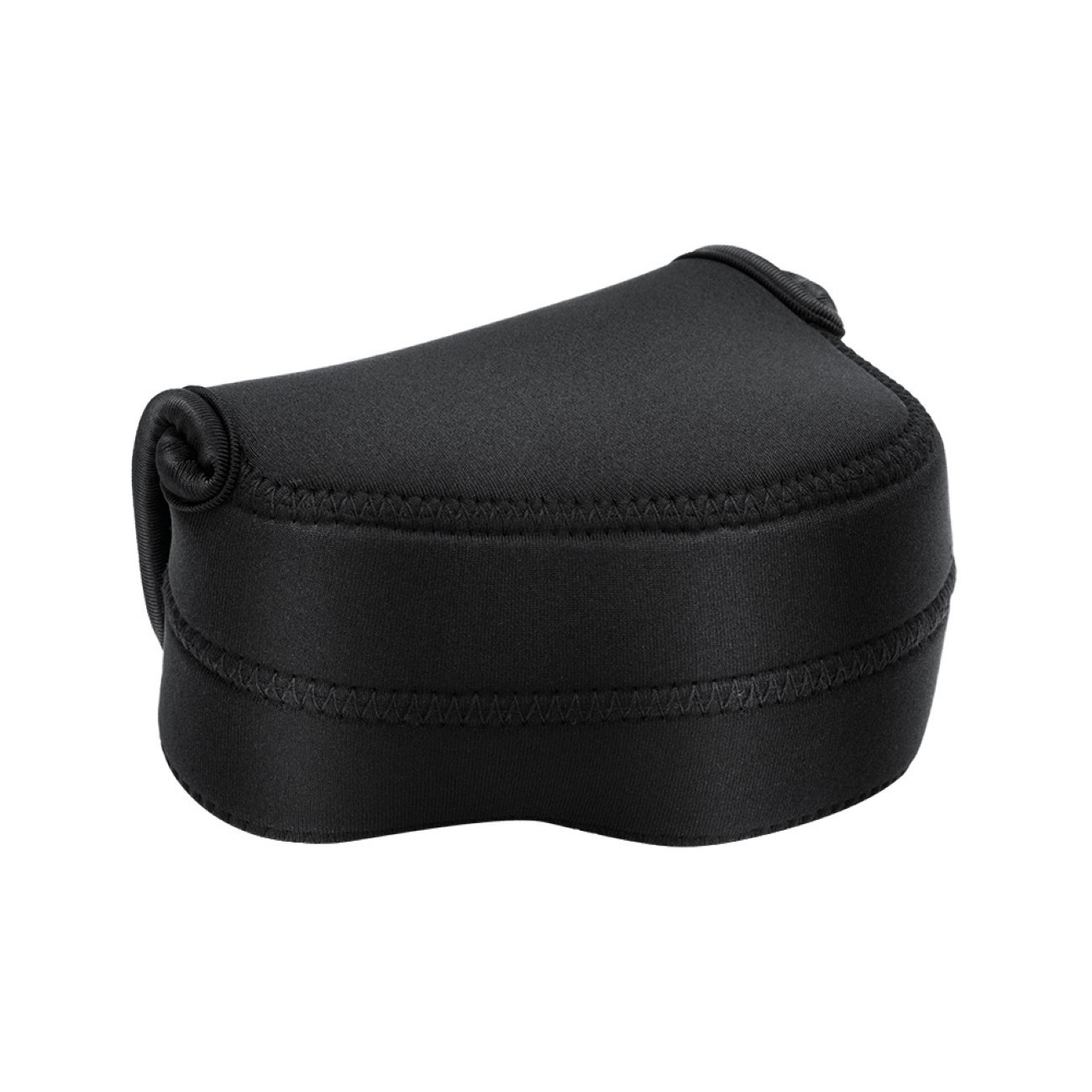 Schwarze Kameratasche mit weichem, strukturiertem Aussehen. Die Tasche ist geschlossen und genäht.