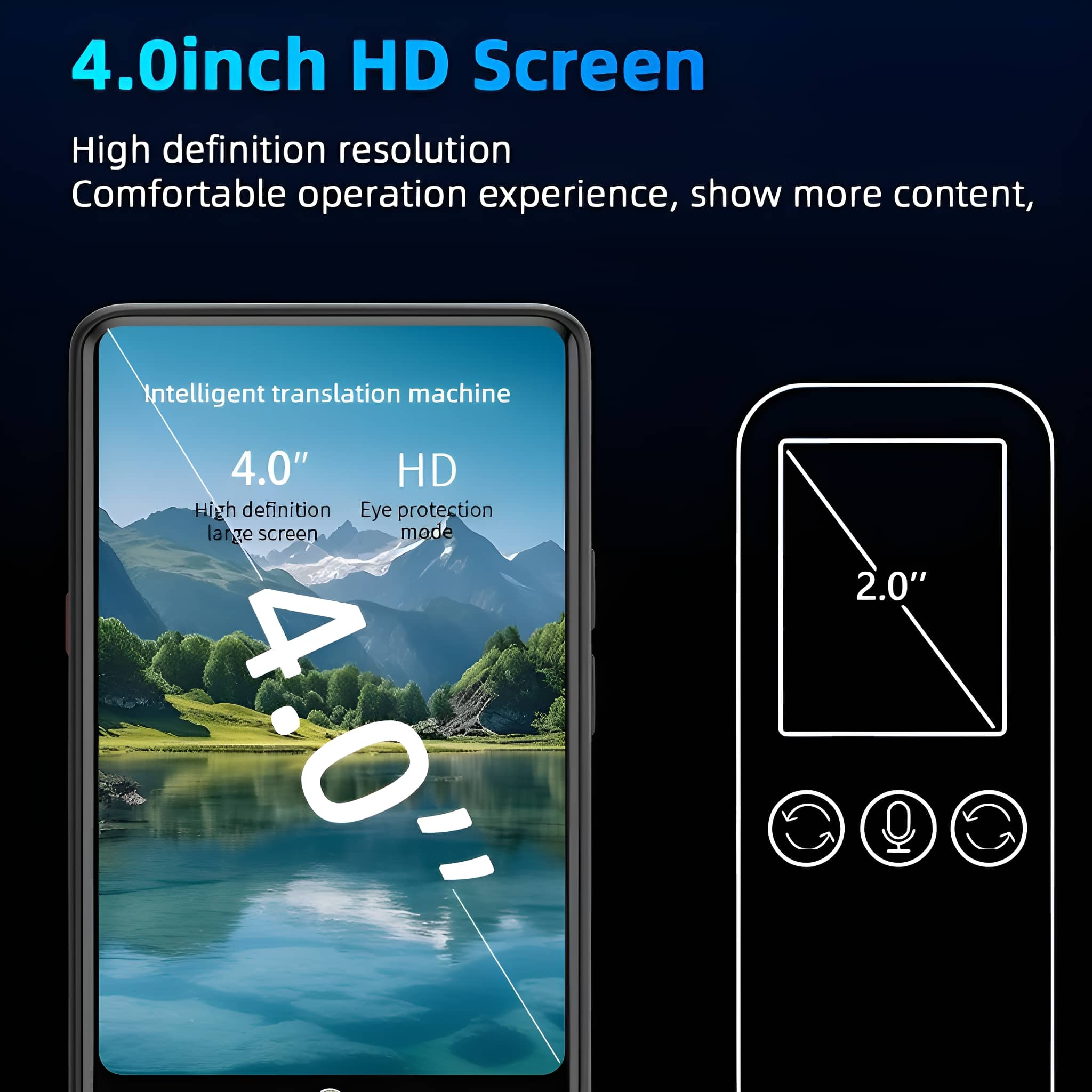 Smartphone-Bildschirm. Text auf dem Bildschirm: 4,0 Zoll HD, intelligenter Übersetzungsmaschine. Kleineres Bild erscheint.