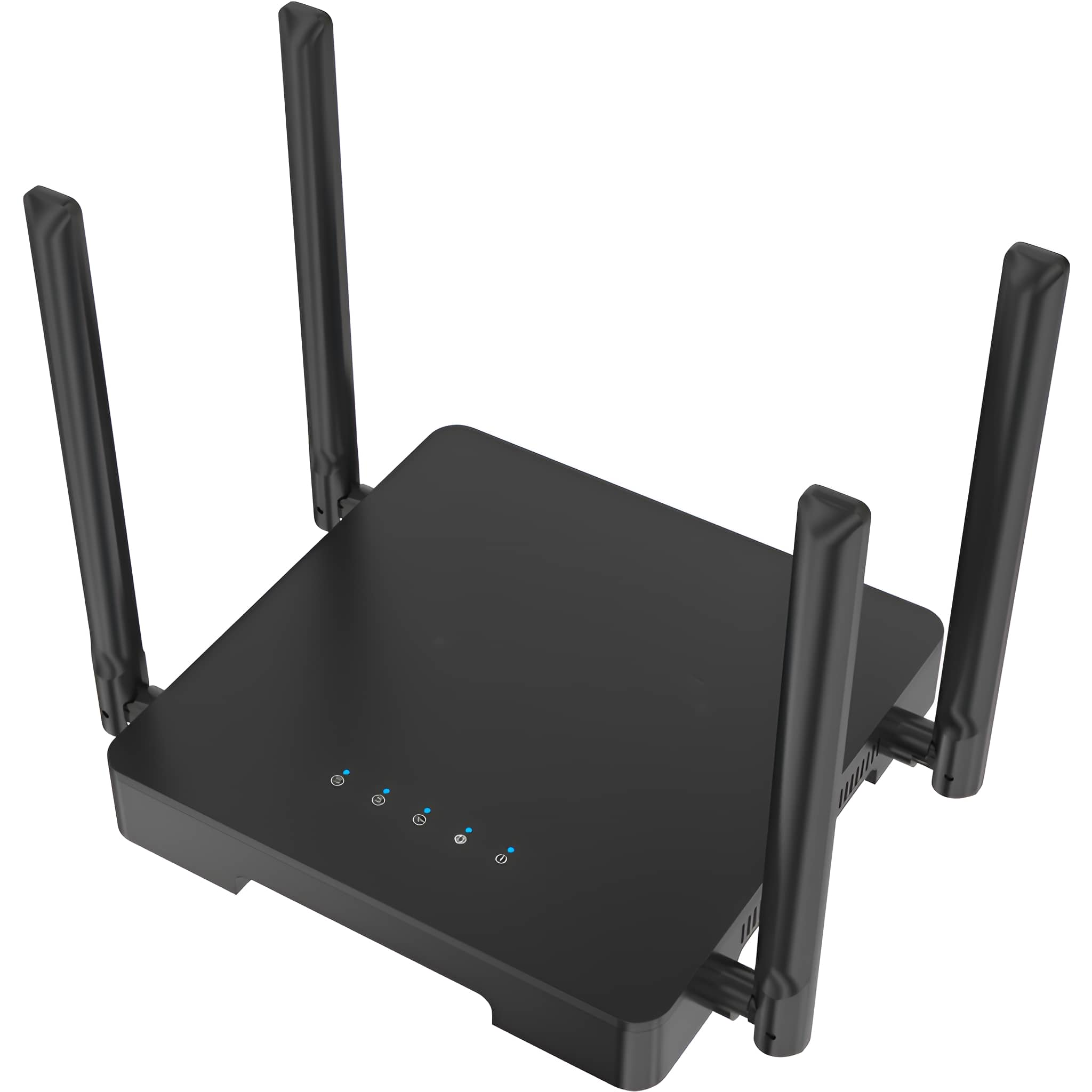 Schwarzer WLAN-Router mit vier Antennen auf weißem Hintergrund.