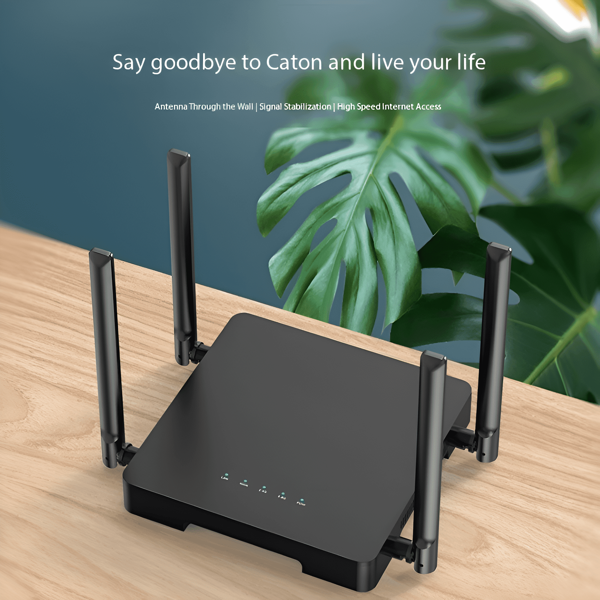 Schwarzer Router mit vier Antennen auf einer Holzoberfläche mit Text: 'Sag Caton Lebewohl und lebe dein Leben'.