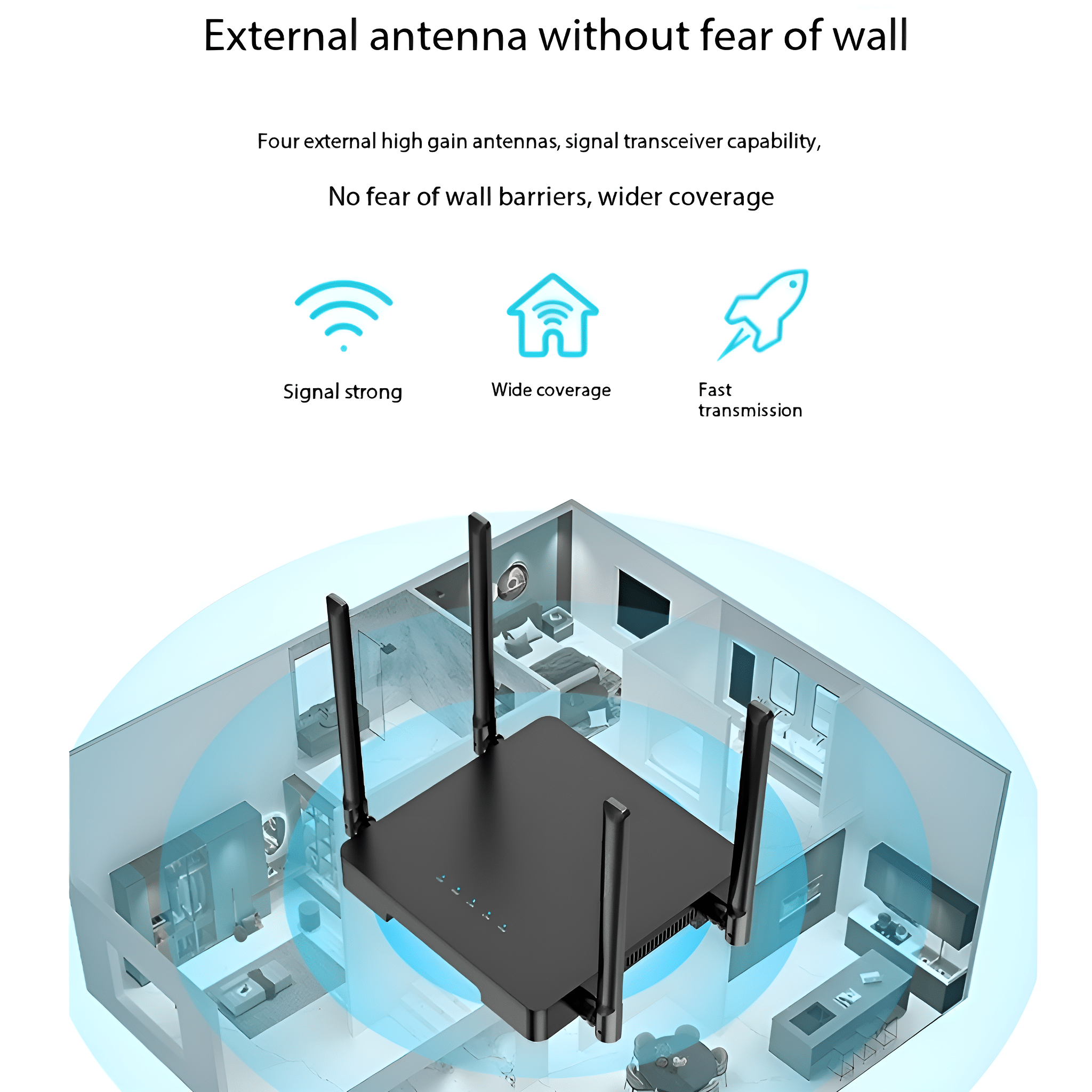 Schwarzer Router mit Antennen, in einer digitalen Hausillustration. Text über Signal und Abdeckung.