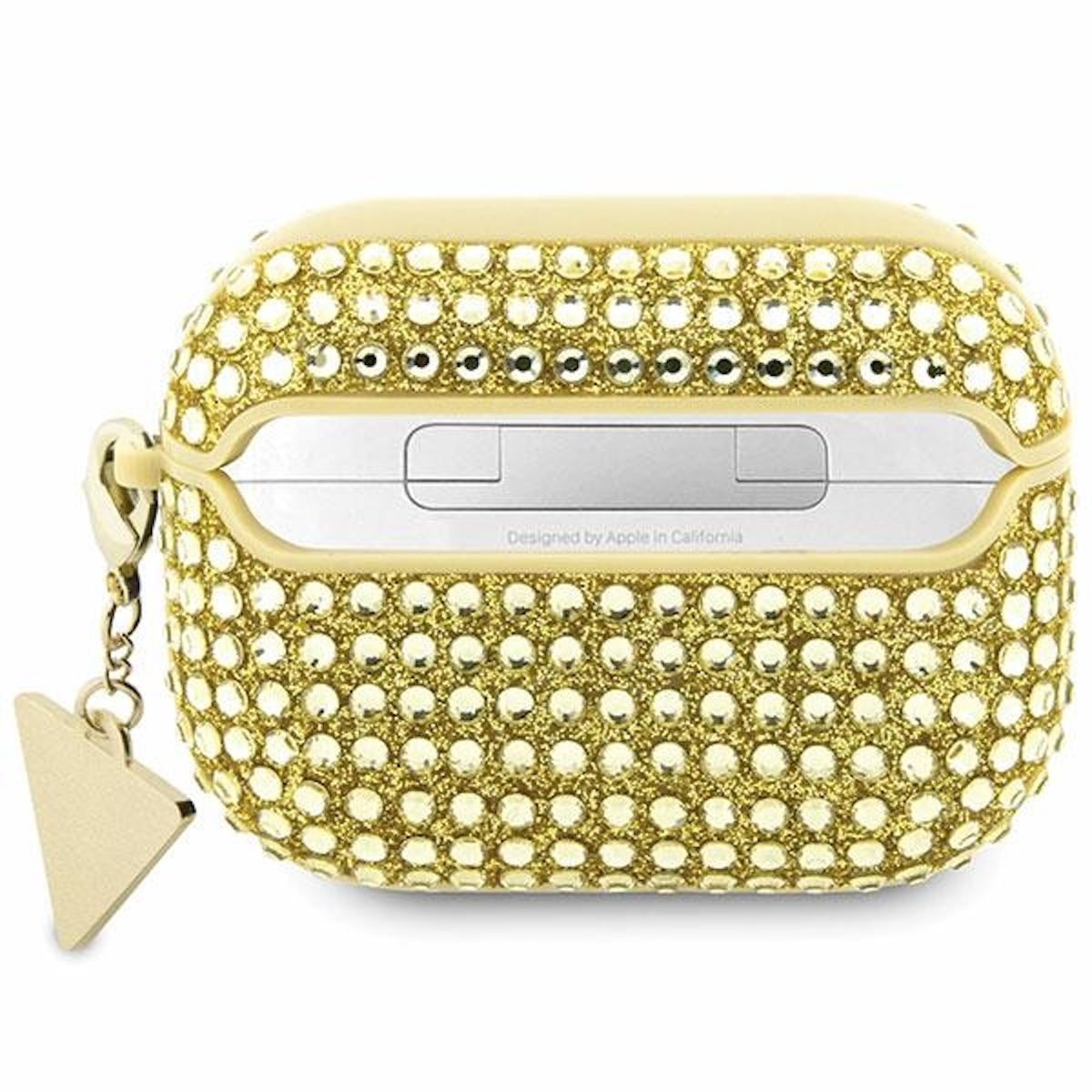 Funda dorada para AirPods con joyas y llavero dorado. Aspecto brillante y texturizado.