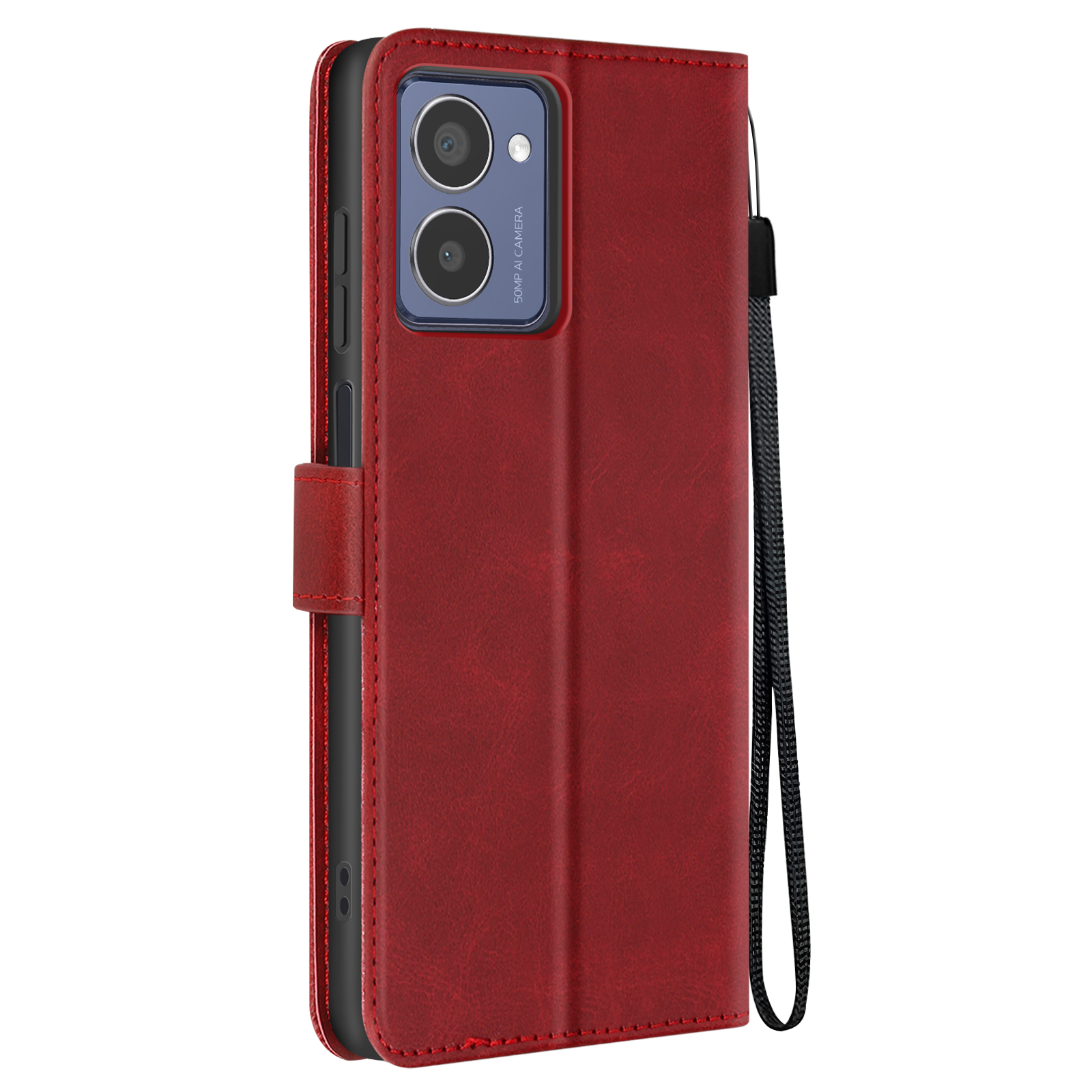 Custodia rossa per telefono con cinturino nero. La custodia è chiusa, con fotocamera e pulsanti visibili.