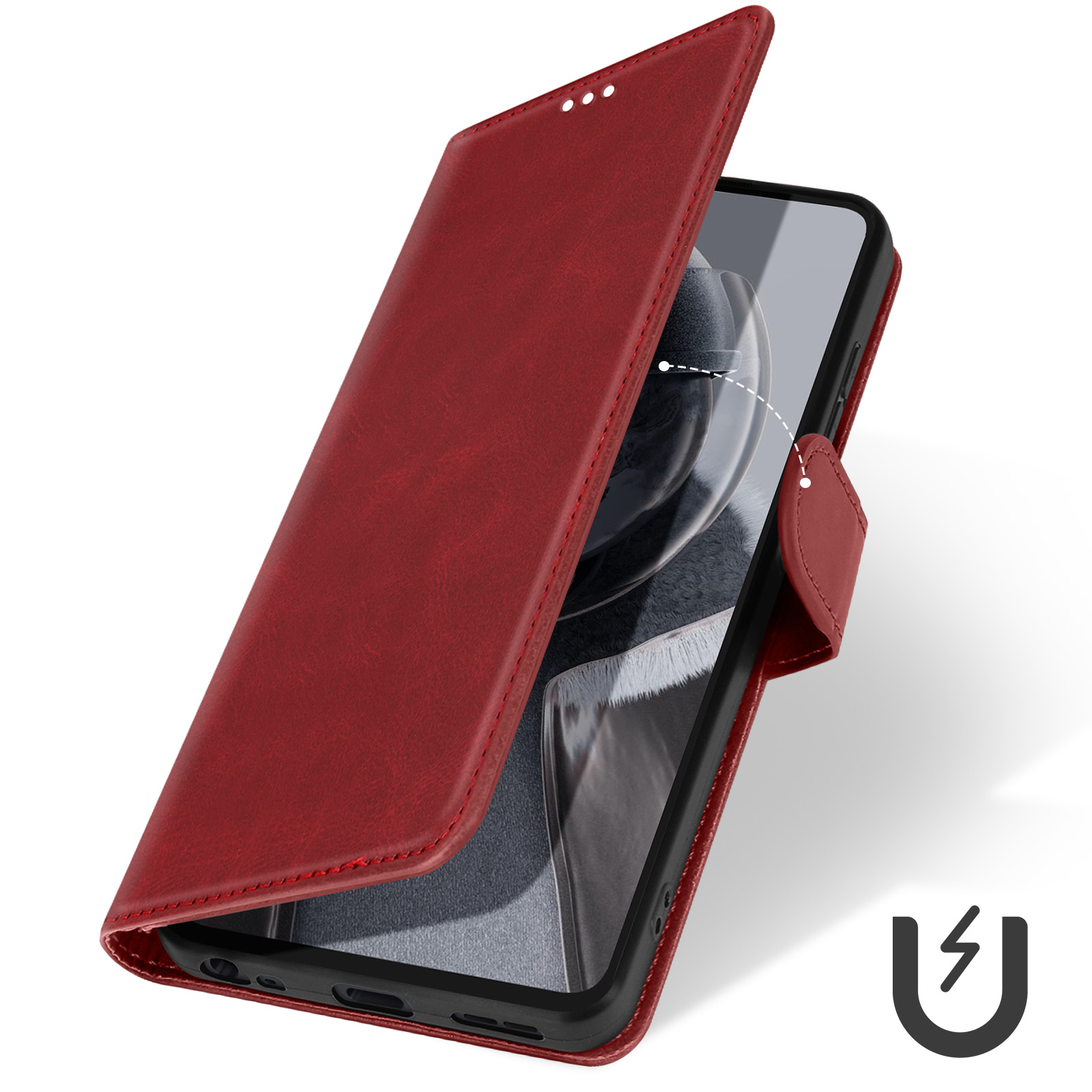 Custodia in pelle rossa per telefono, aperta, con un telefono all'interno. Sfondo nero.