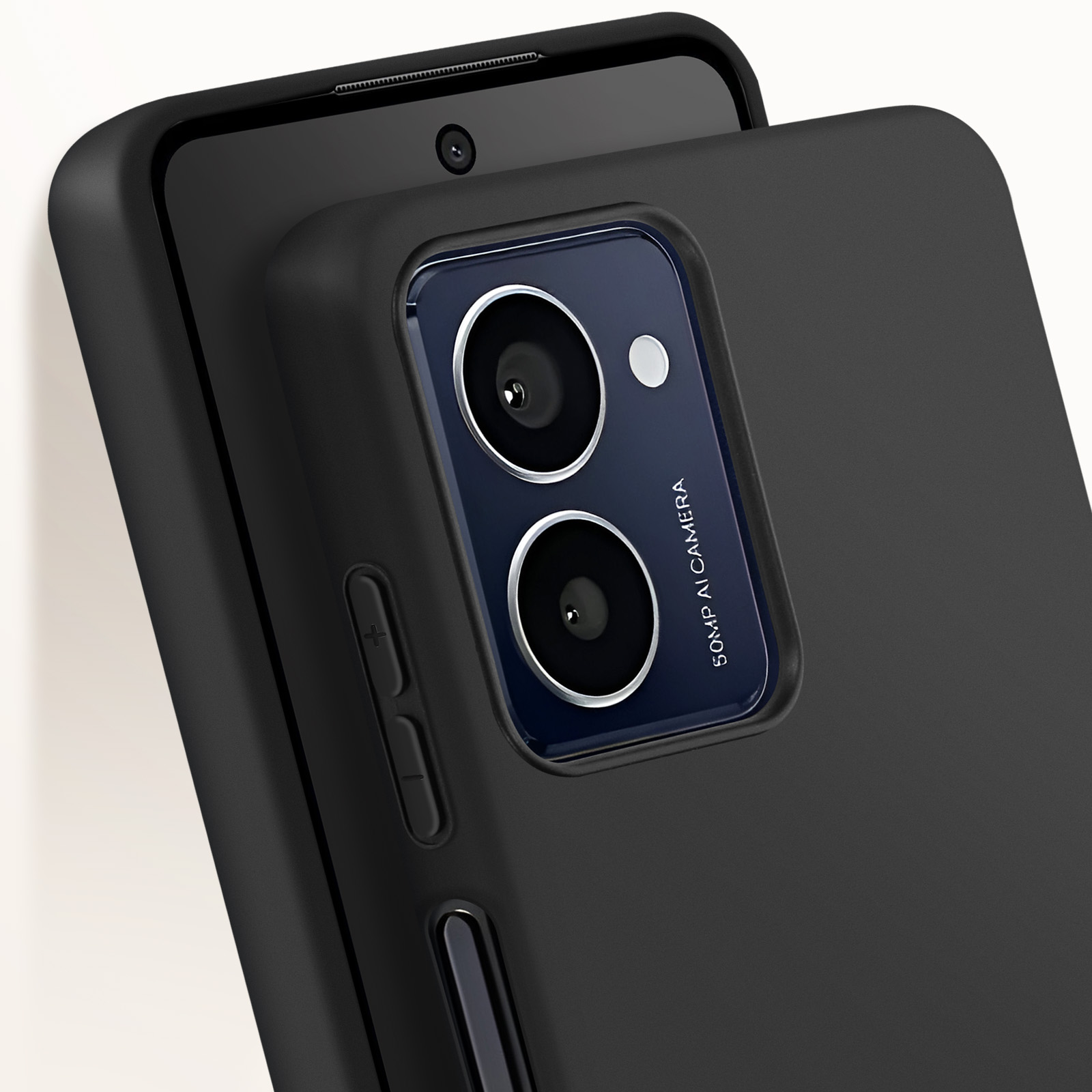 Schwarze Telefonrückseite mit Kamera, zwei Linsen. Schwarzes Gehäuse. Weißer Hintergrund.