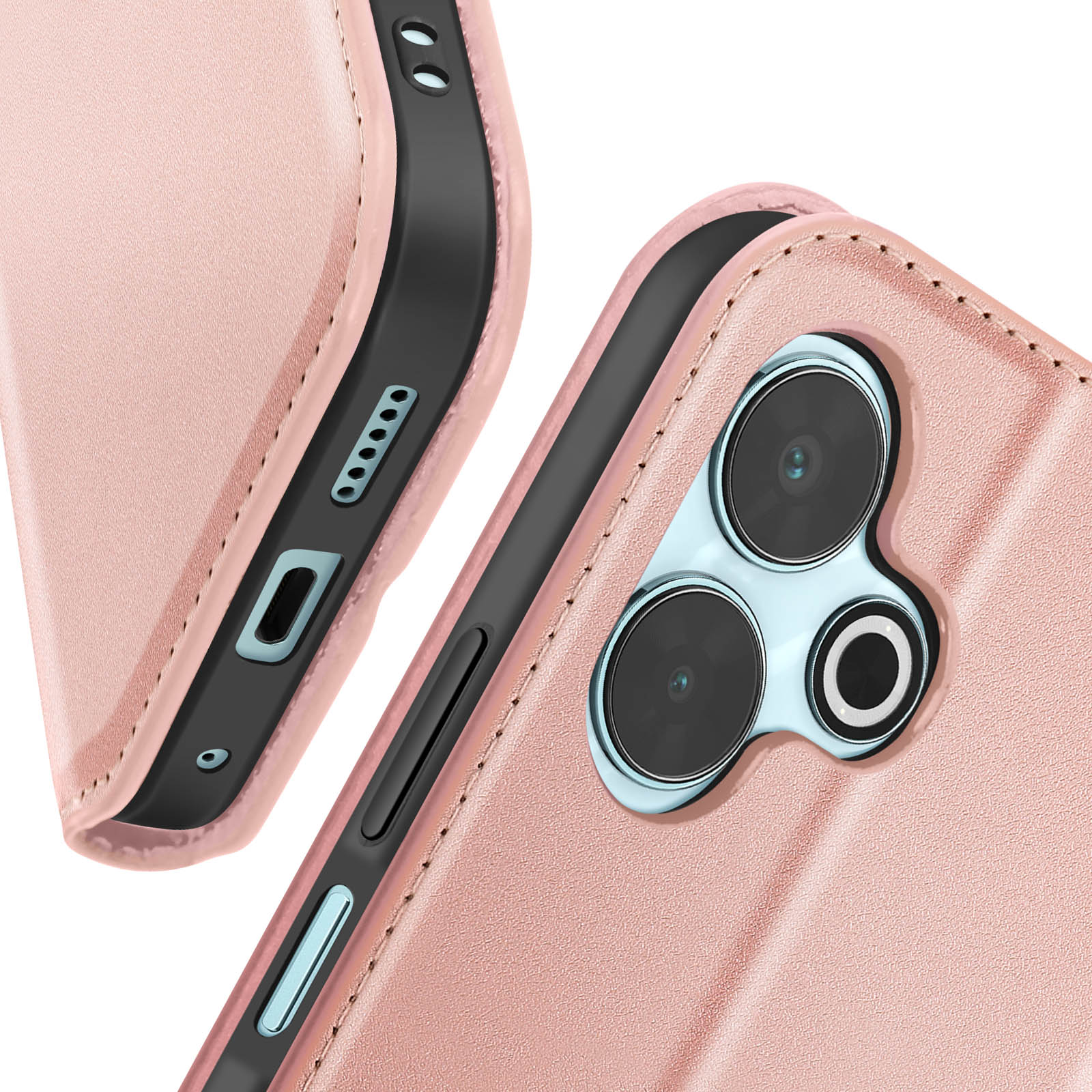Primo piano di una custodia per telefono rosa con modulo fotocamera e dettagli laterali.
