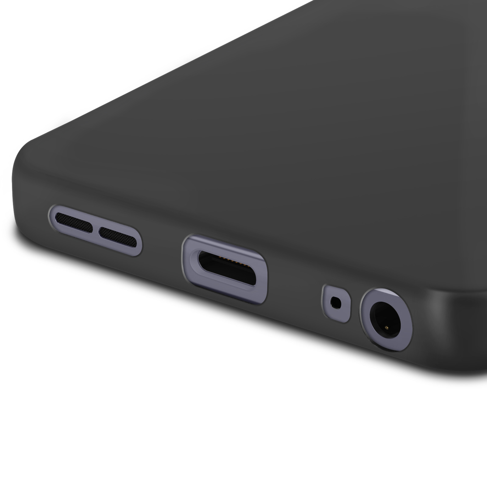 Nahaufnahme des Ladeanschlusses und der Lautsprecherlöcher eines Telefons.