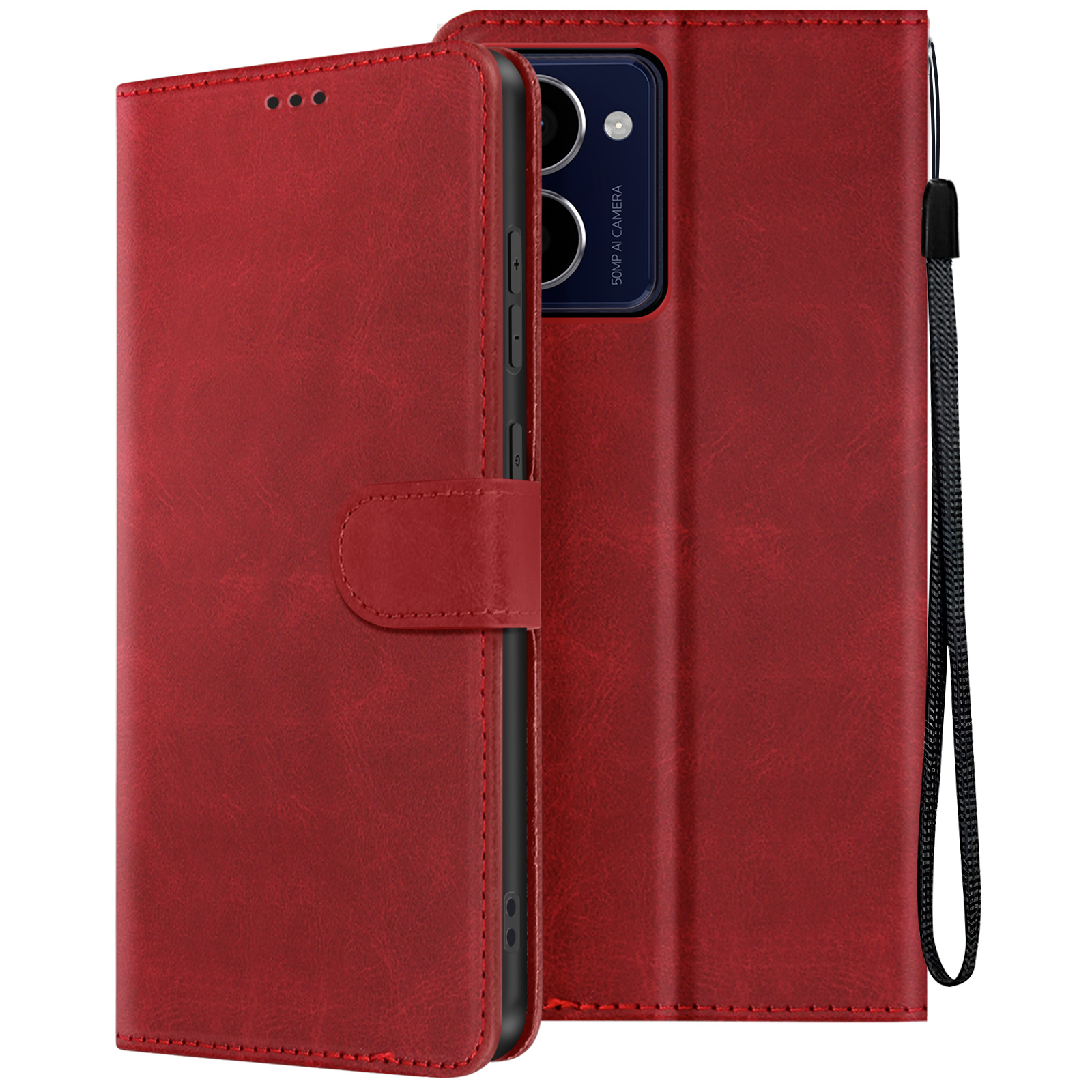 Una custodia per telefono in pelle rossa con cinturino e chiusura magnetica.
