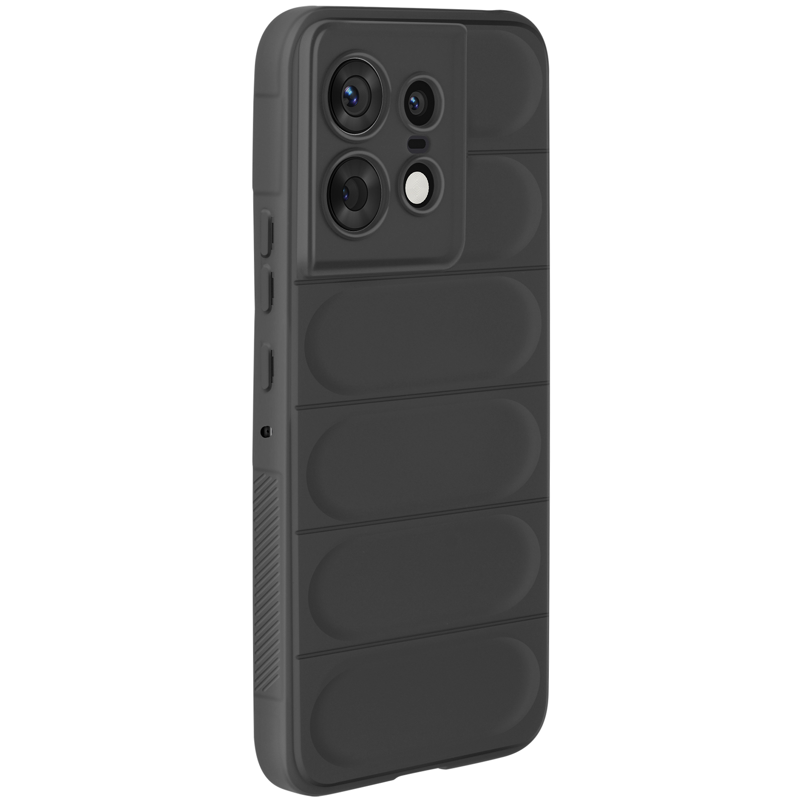 Coque de téléphone noire avec un dos texturé unique et plusieurs objectifs d'appareil photo. Fond blanc.