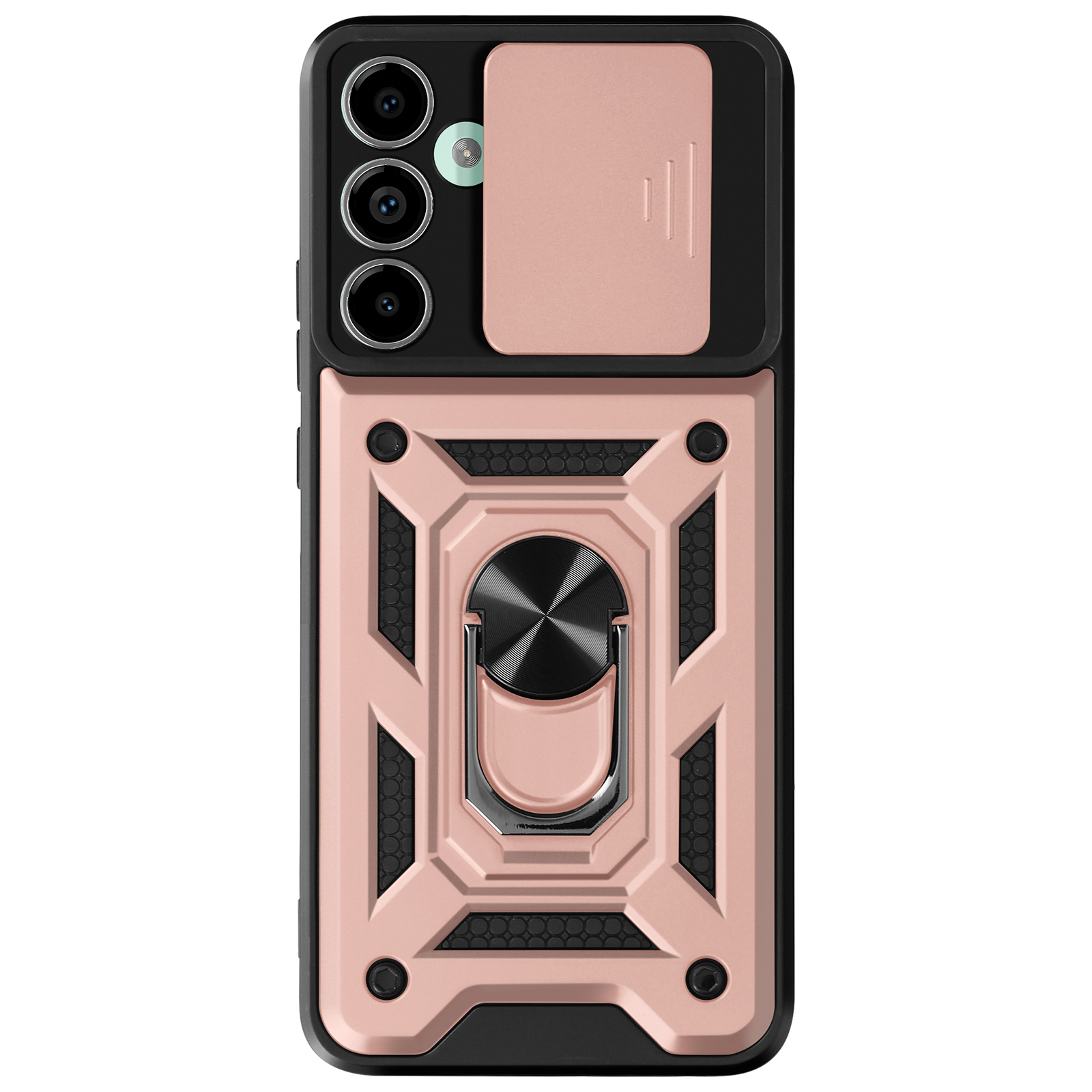 Custodia per telefono rosa con fotocamera, pulsanti e supporto ad anello. La custodia ha un bordo nero.