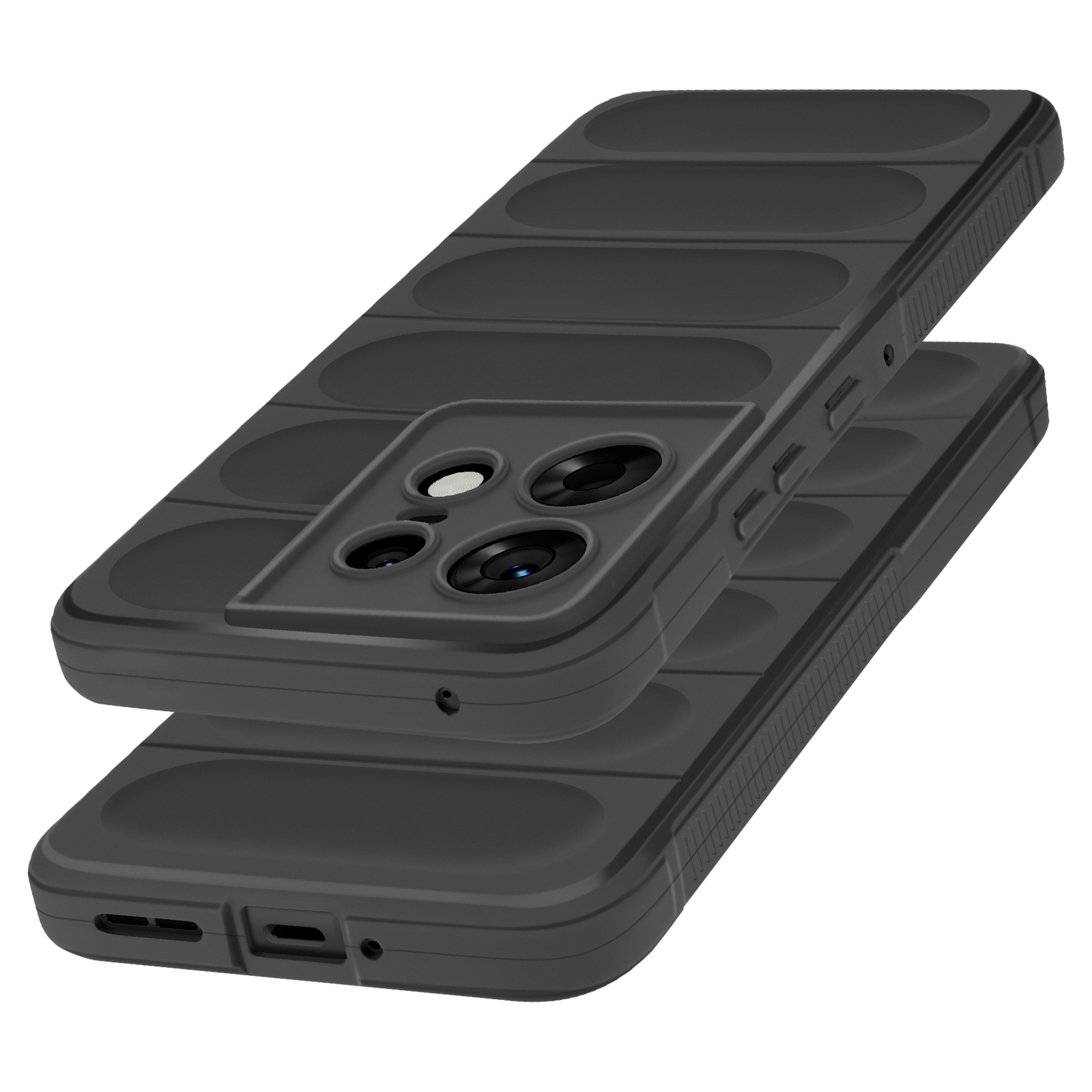 Une coque de téléphone noire avec une surface texturée et une section pour l'appareil photo.