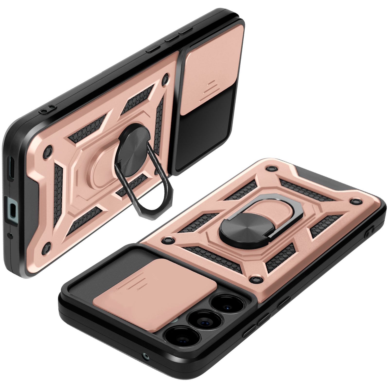 Custodia per telefono rosa e nera con anello e copertura scorrevole per fotocamera, vista angolata.
