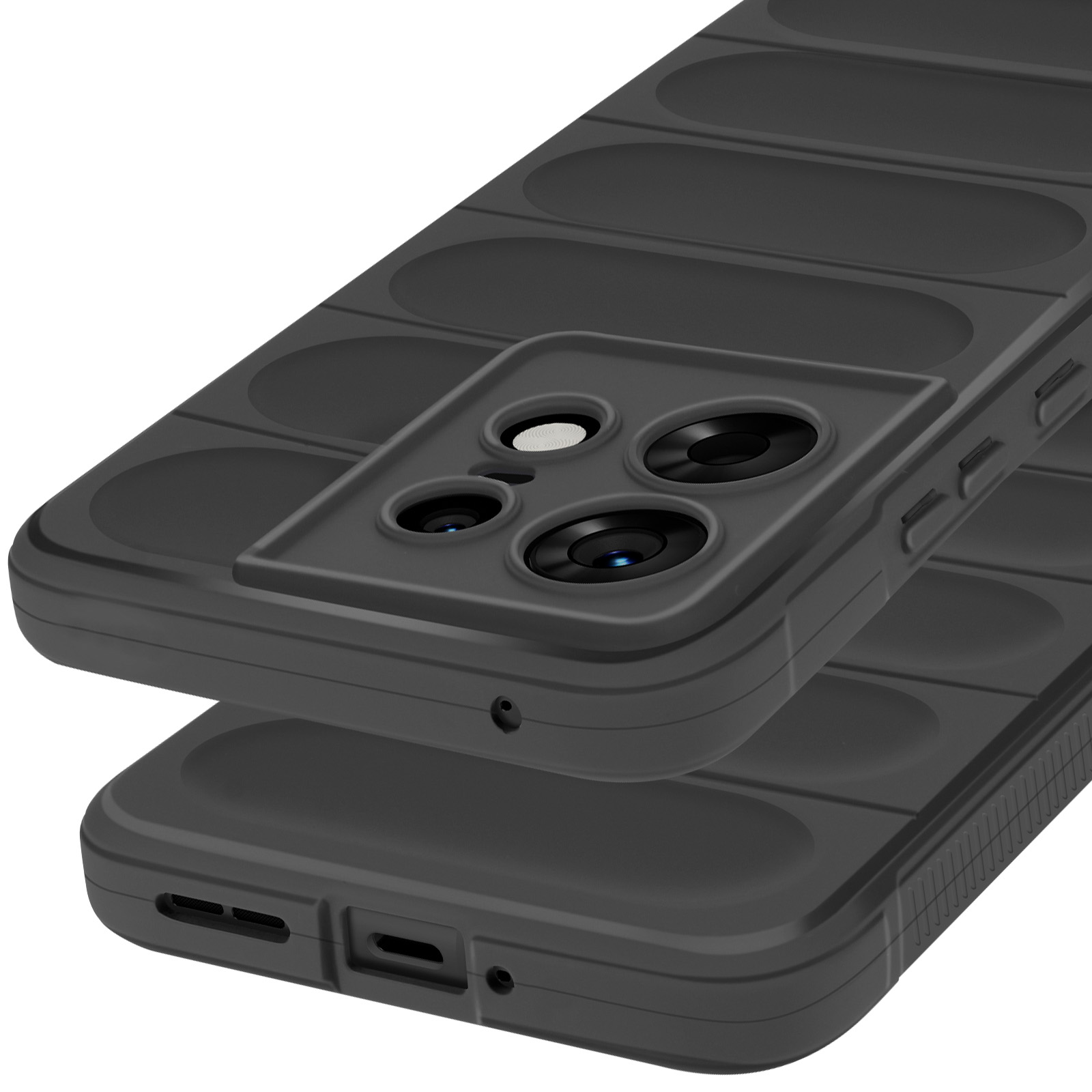 Gros plan sur un étui de téléphone noir avec un motif ovale texturé sur les couches supérieure et inférieure.