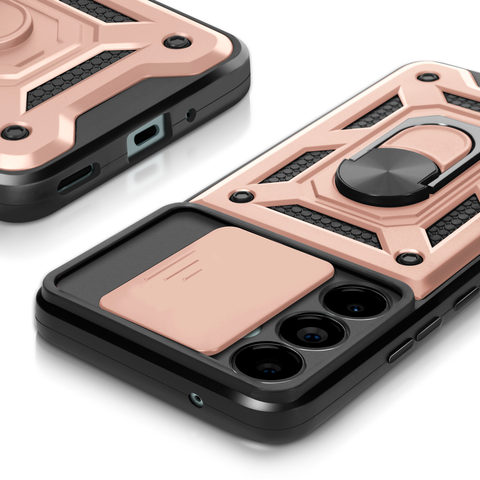 Custodia protettiva per telefono con supporto ad anello e copertura scorrevole per la fotocamera, in oro rosa e nero.
