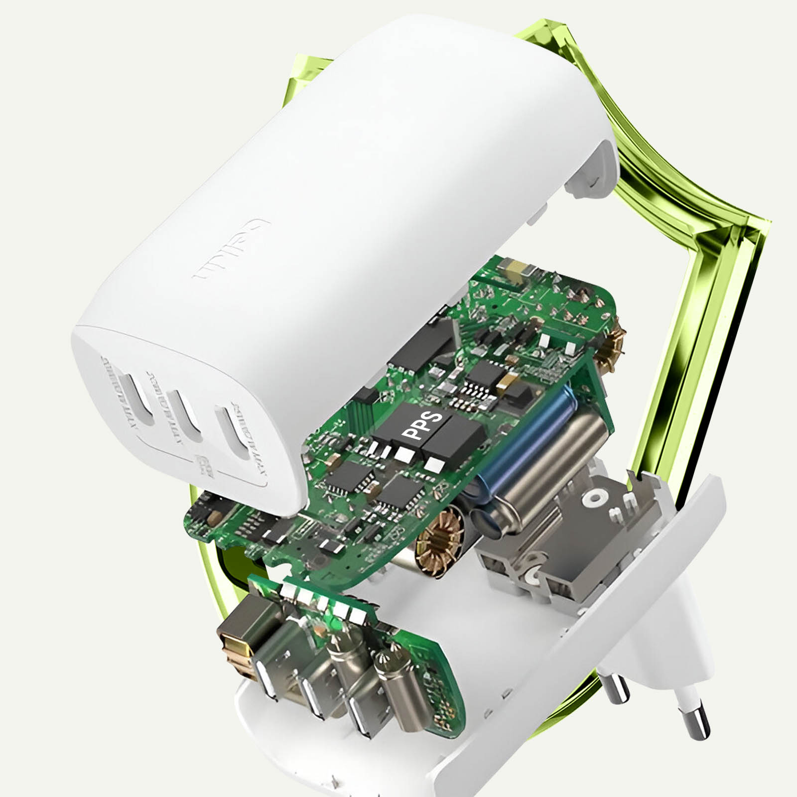 Cargador Belkin blanco, vista seccionada, mostrando componentes internos. Elementos verdes y plateados.
