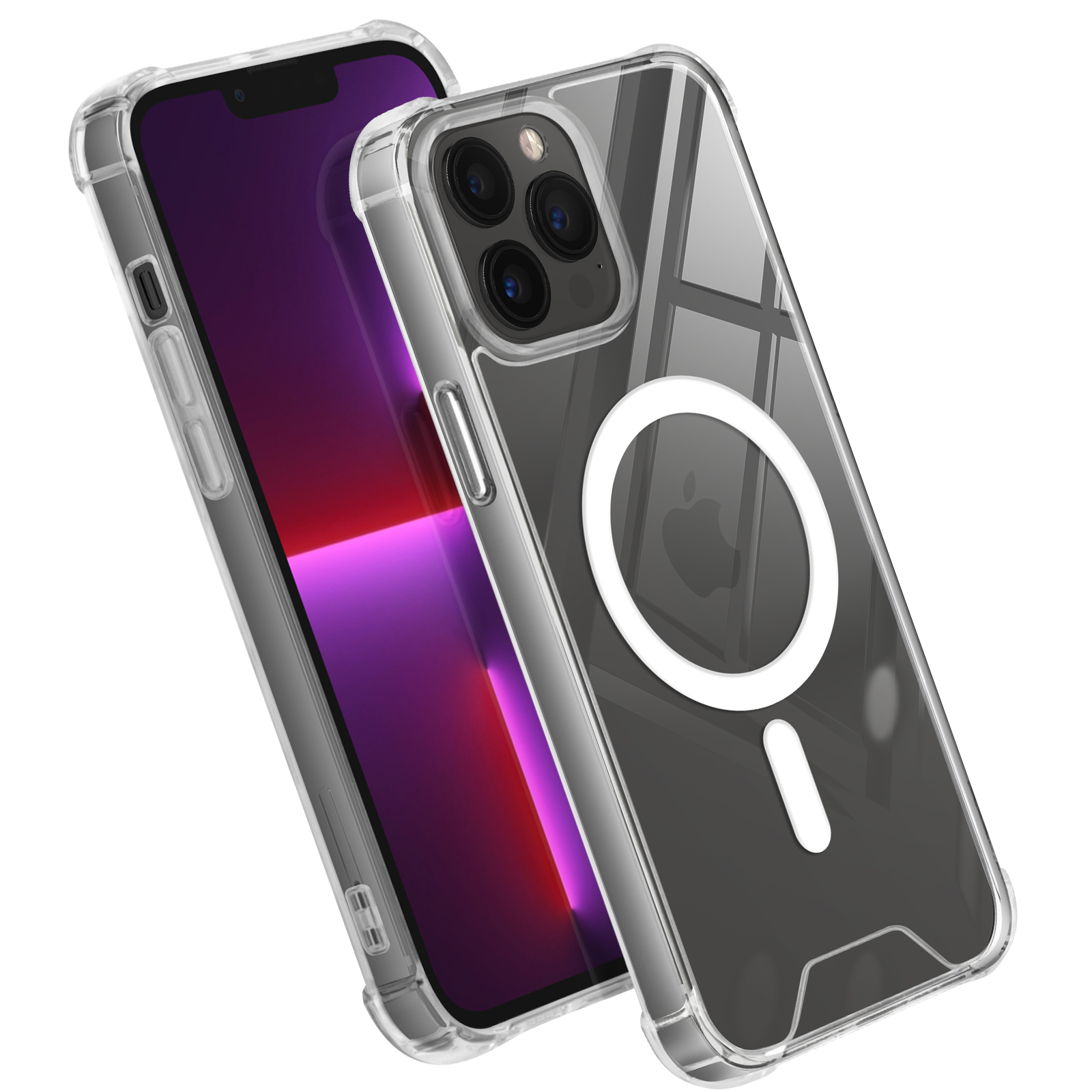 Transparante telefoonhoes met een telefoon erin, met de camera en oplaadcirkel zichtbaar, schuine weergave.
