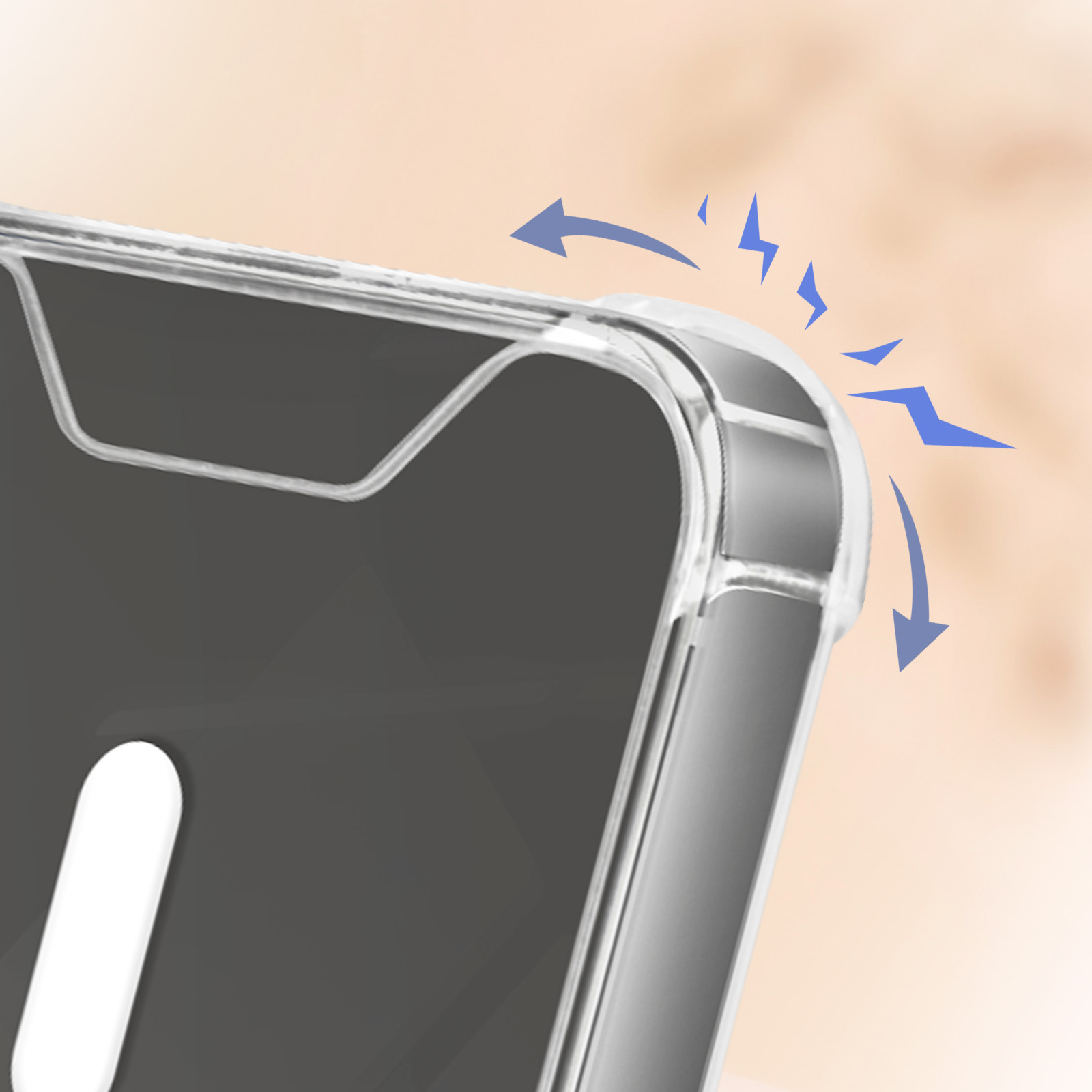 Close-up van een hoek van een doorzichtige telefoonhoes die bescherming tegen stoten toont.