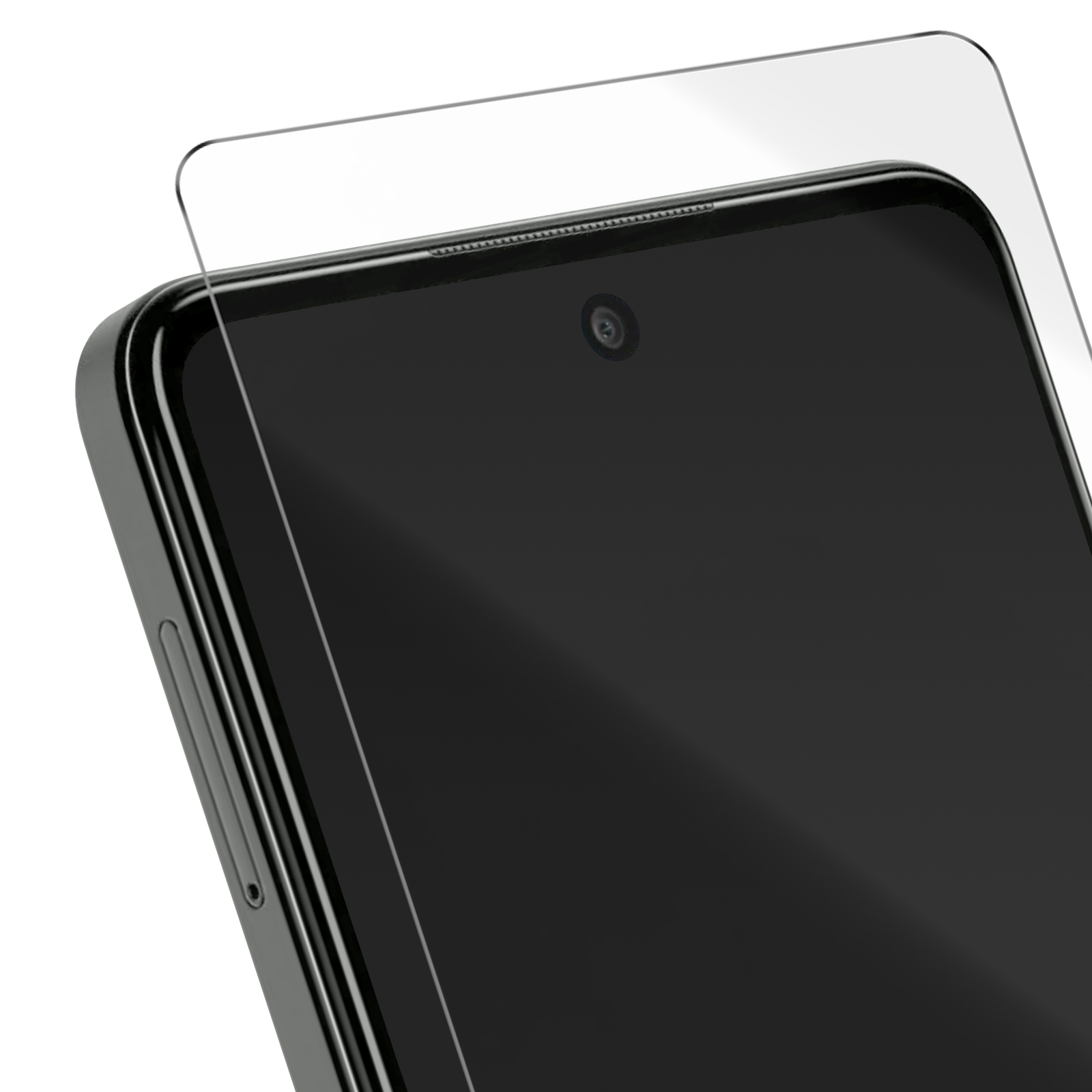 Uno smartphone con protezione schermo applicata. Il telefono è grigio scuro, con fotocamera e protezione in vetro.