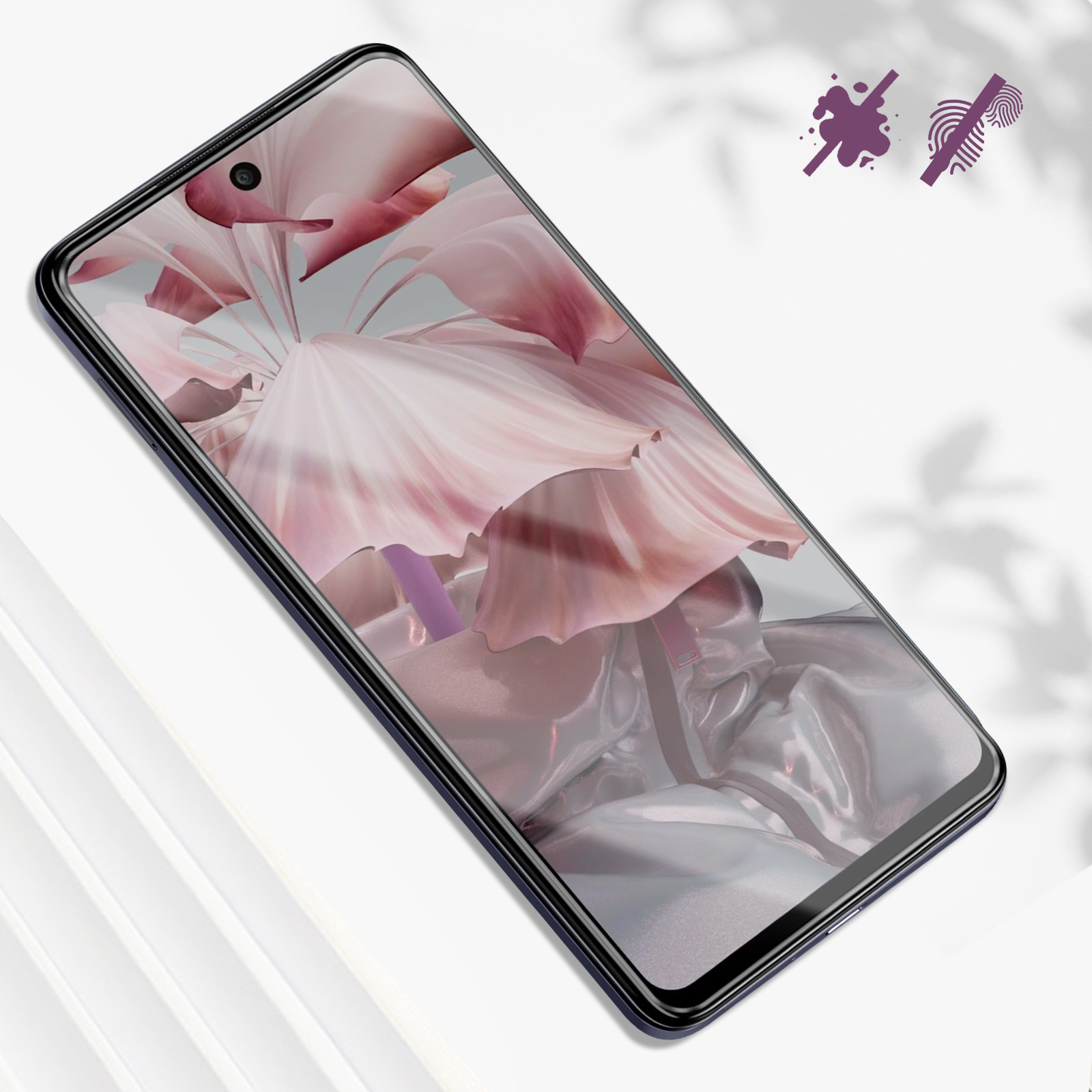 Uno schermo di smartphone con una grafica floreale, coperto da una protezione per lo schermo.