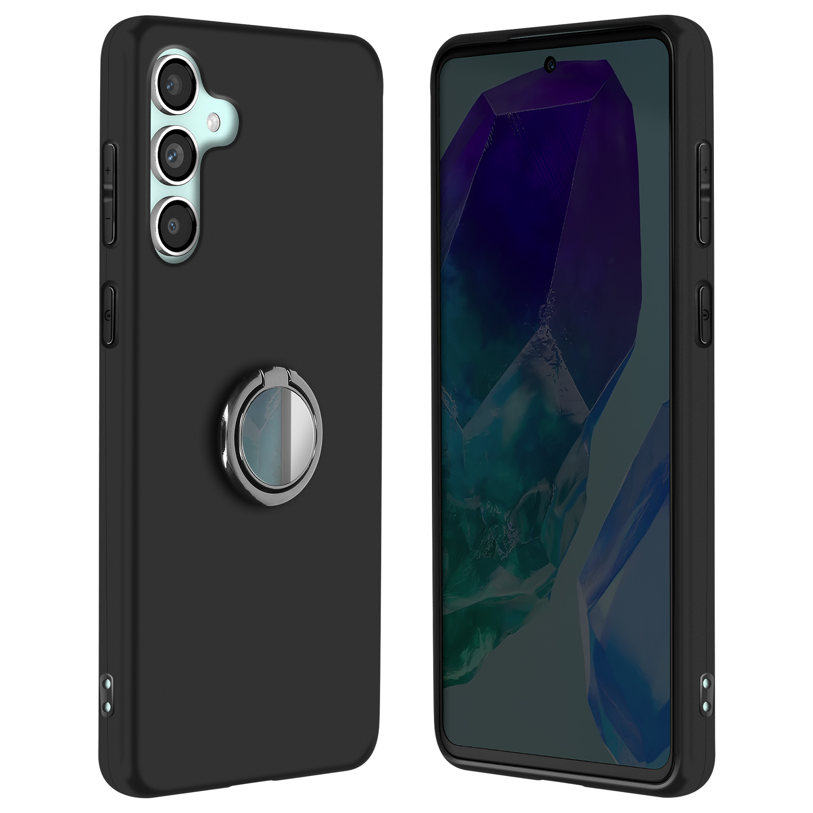 Custodia nera per telefono con più fotocamere e un porta anelli. Un'altra custodia mostra lo schermo.