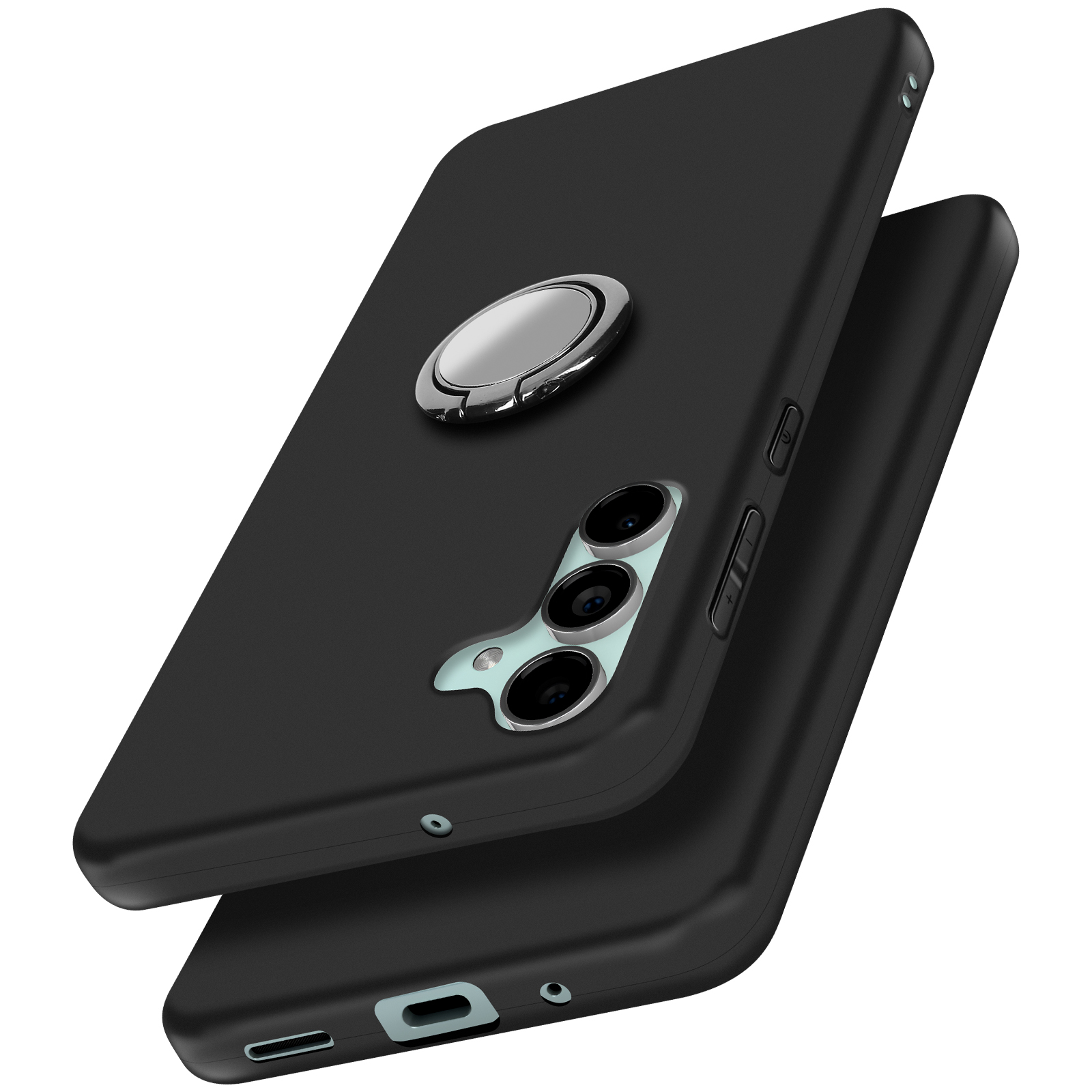 Custodia nera per telefono con supporto ad anello. Due fotocamere del telefono visibili.