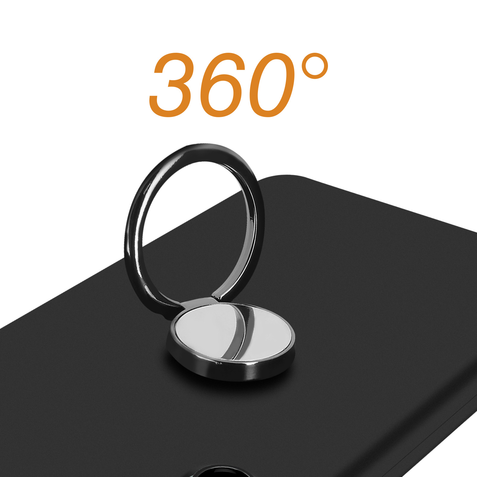 Telefono nero con supporto ad anello argentato, mostra il testo 360 gradi.